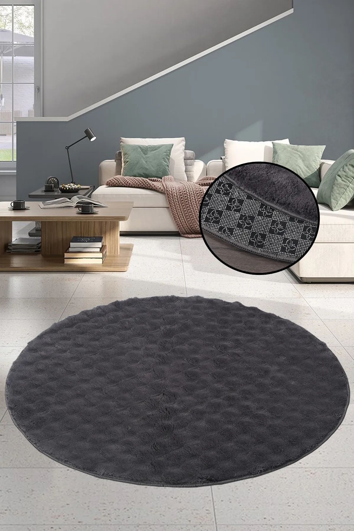 SerenitaHome Post/Peluş Kaymaz Taban Yıkanabilir Bubble Yuvarlak Sacaksız Antrasit Salon Koridor Mutfak Halısı