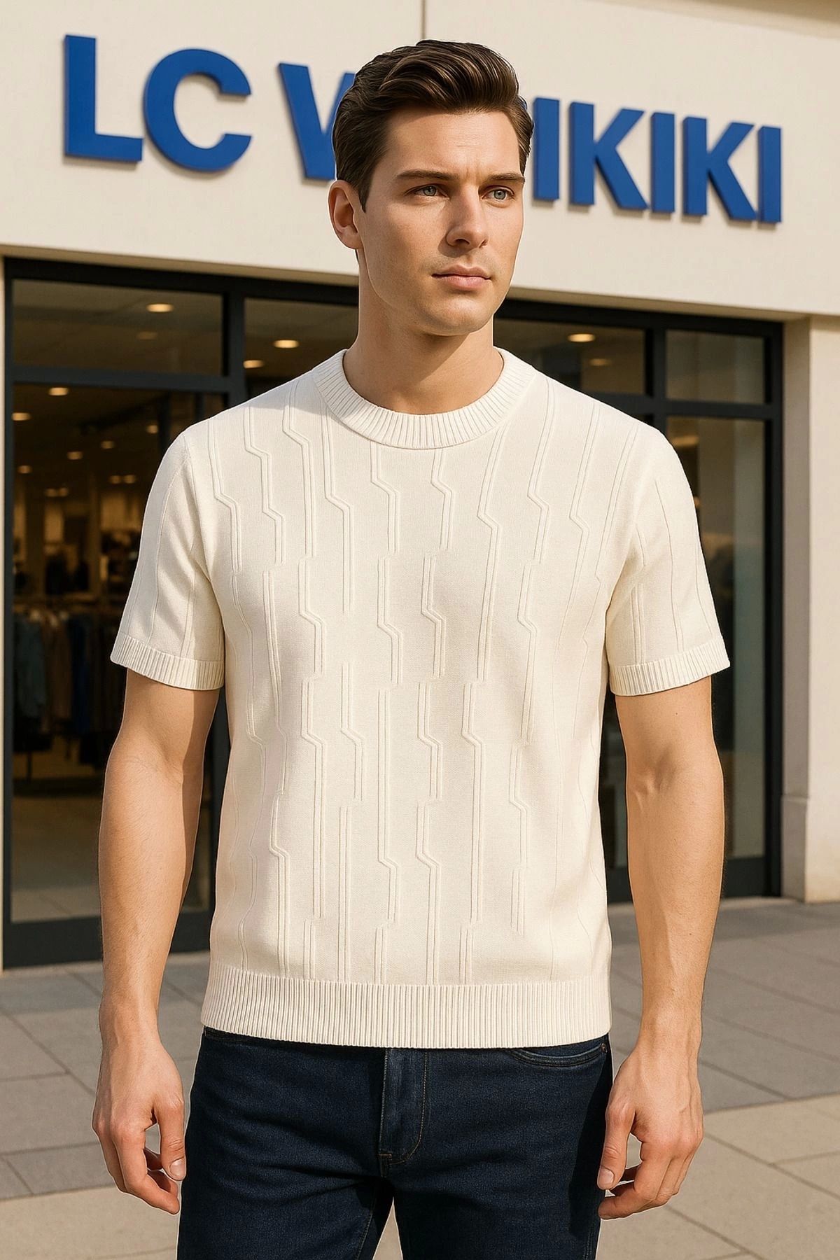 LC Waikiki %100 Pamuk Çizgili Desenle Lüks Tasarım Yazlık Kısa Kollu Erkek Triko Tişört - T-shirt