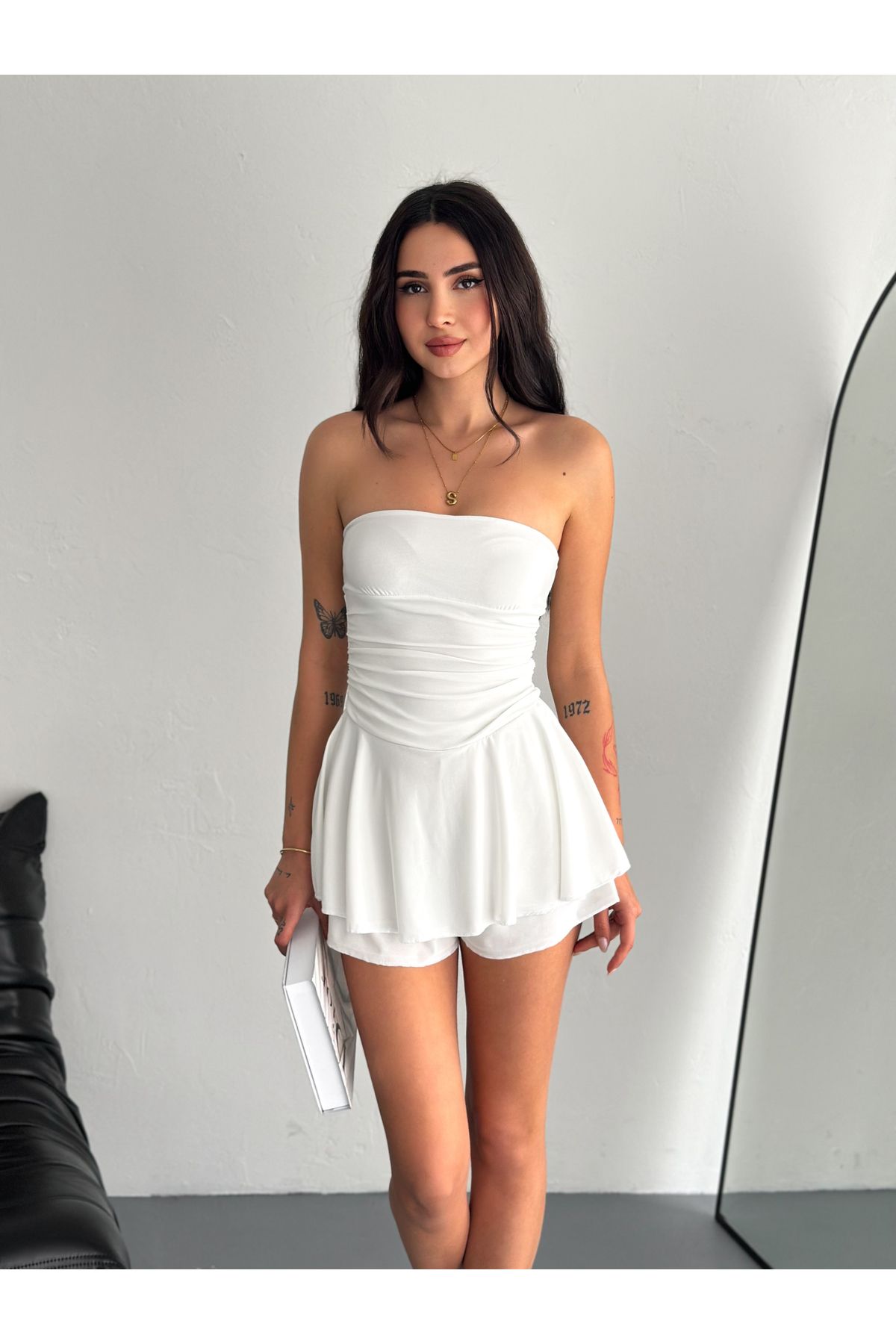 OKSHEN Şortlu Straplez Mini Elbise