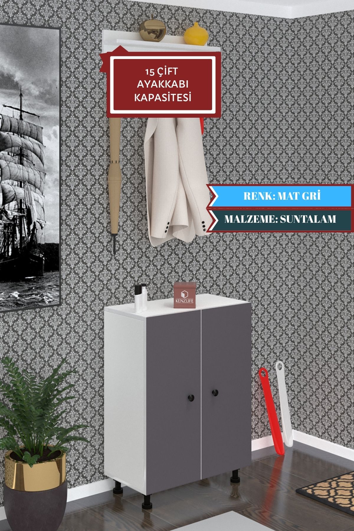 Kenzlife ayakkabılık cimcime5 gribyz 83*060*32 kapaklı 5 raflı 15 çift ayakkabı kapasitesi