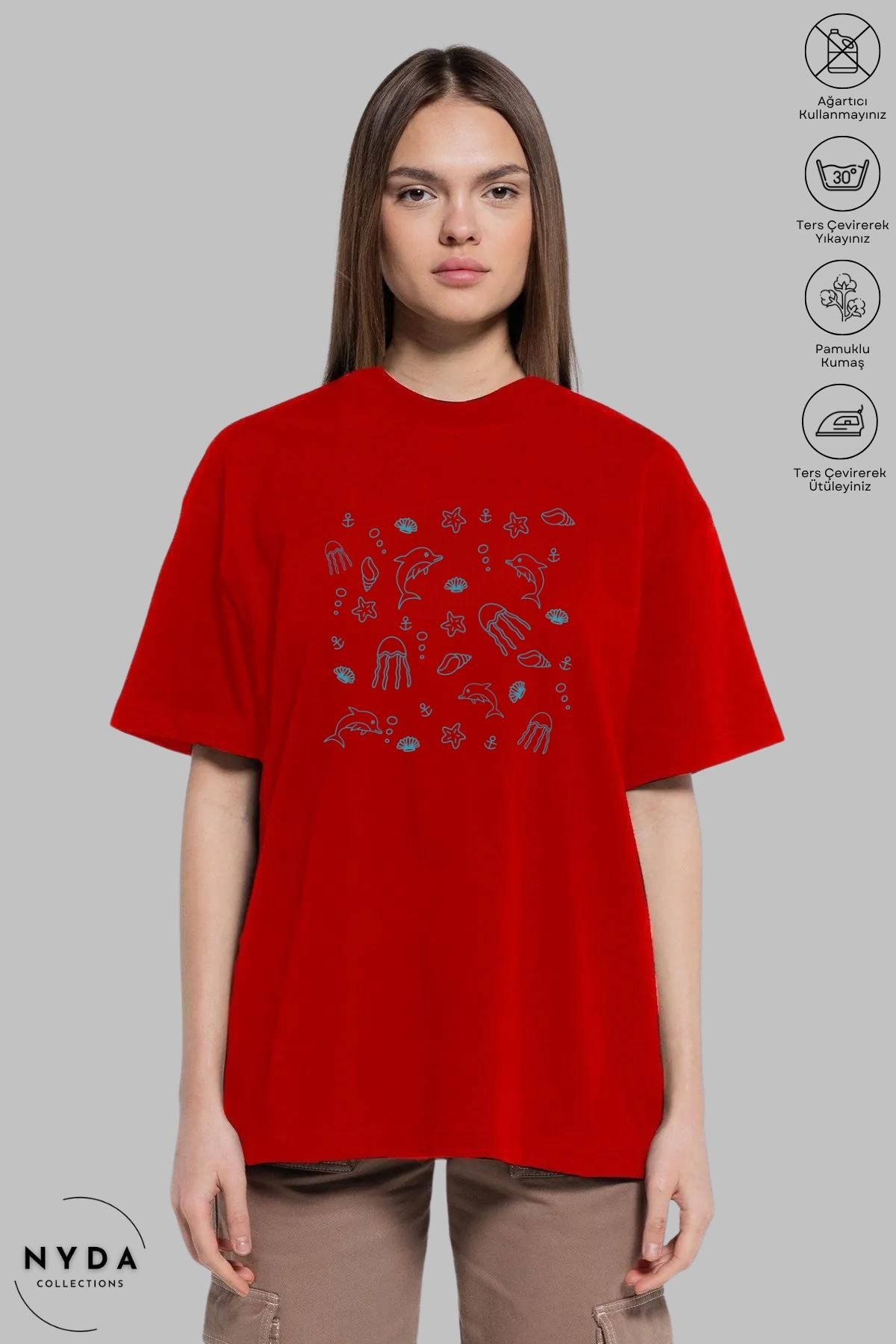 Nyda Collections Kadın Bisiklet Yaka Deniz Canlıları Baskılı Pamuk Oversize Kısa Kollu Tişört