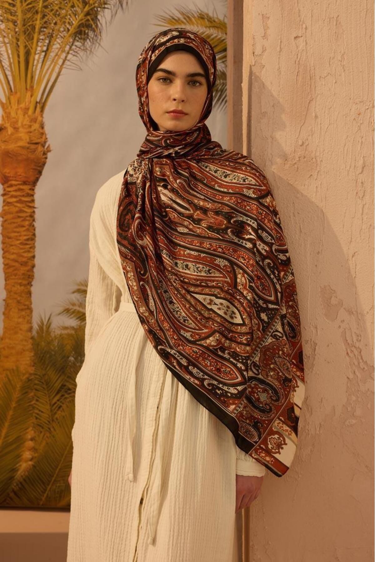 ALYOSHA FASHION Desenli Etnik Şal Siyah - Kiremit