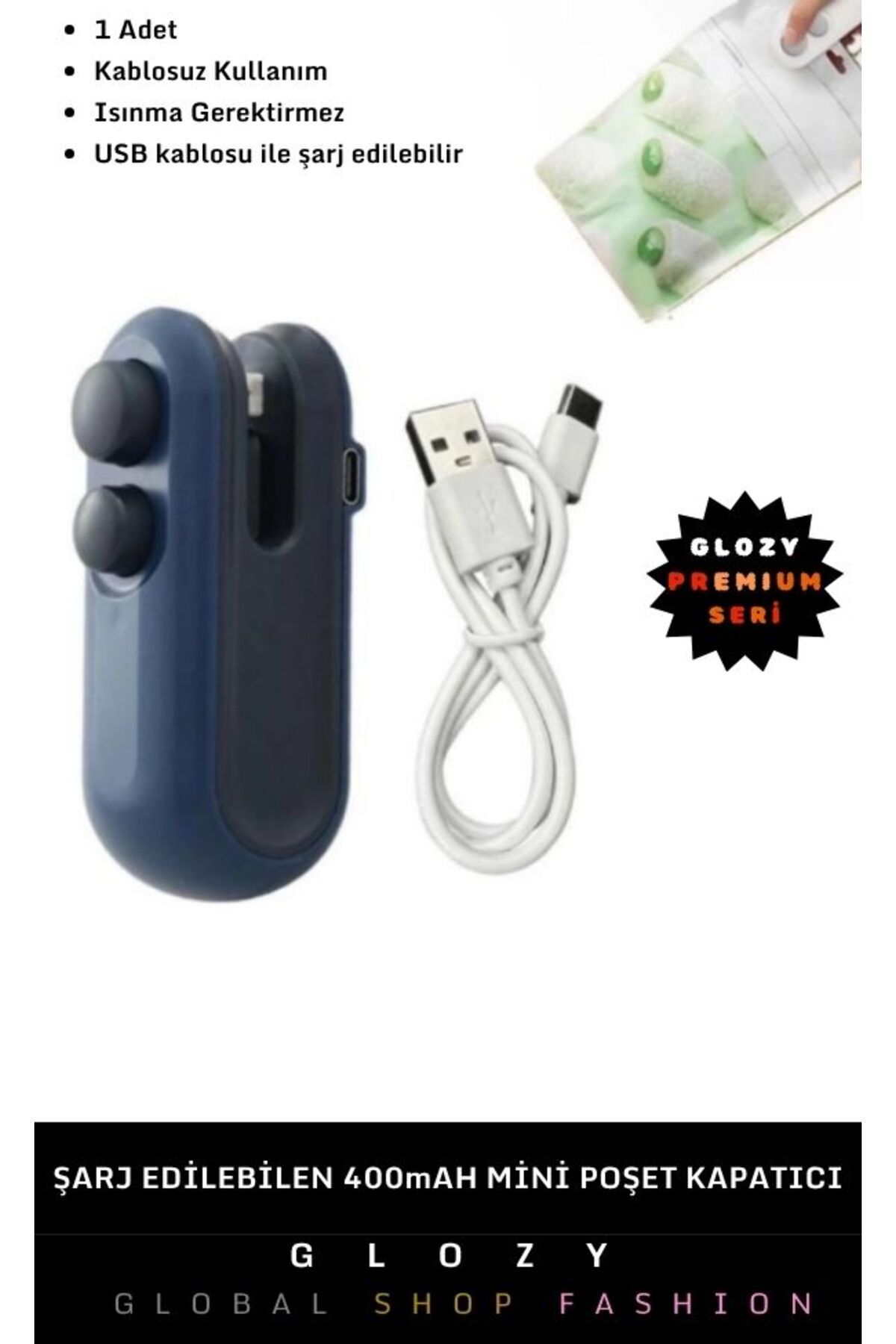 GLOZY Özel Üretim Taşınabilir USB Şarjlı Gıda Poşet Kesme 400mAh Elektriksiz Mini Poşet Kapatıcı