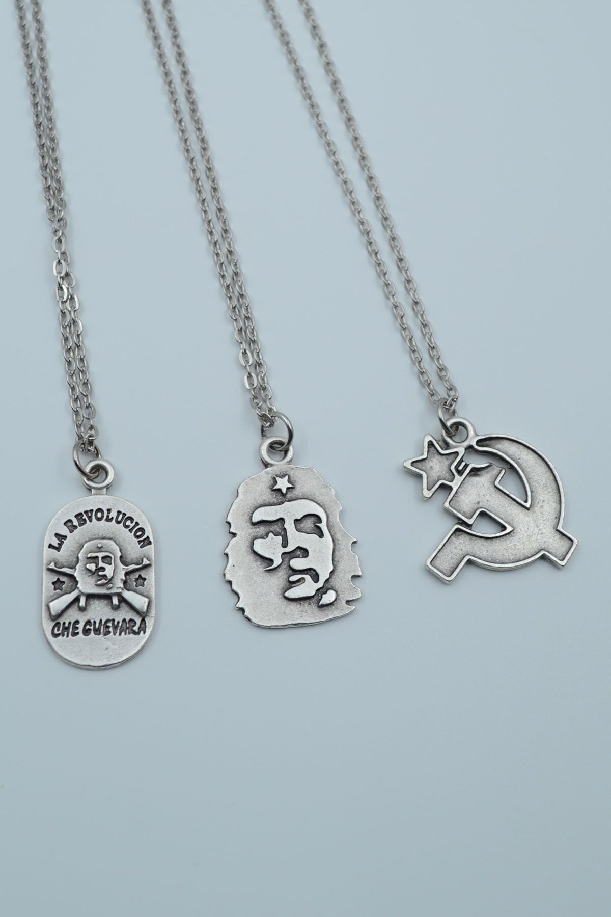 ıdr 3'lü Devrim Che Guevara Orak Çekiç Gümüş Kaplama Kolye Seti