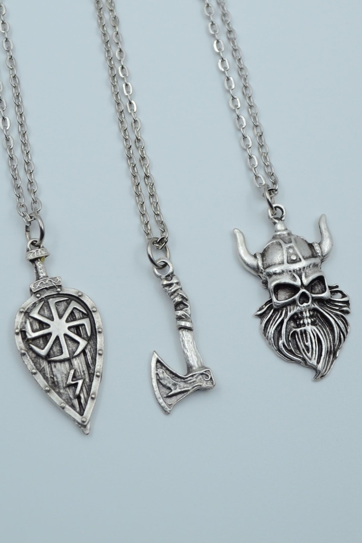 ıdr 3'lü Viking Kalkan Viking Balta Viking Savaşçı Gümüş Kaplama Kolye Seti