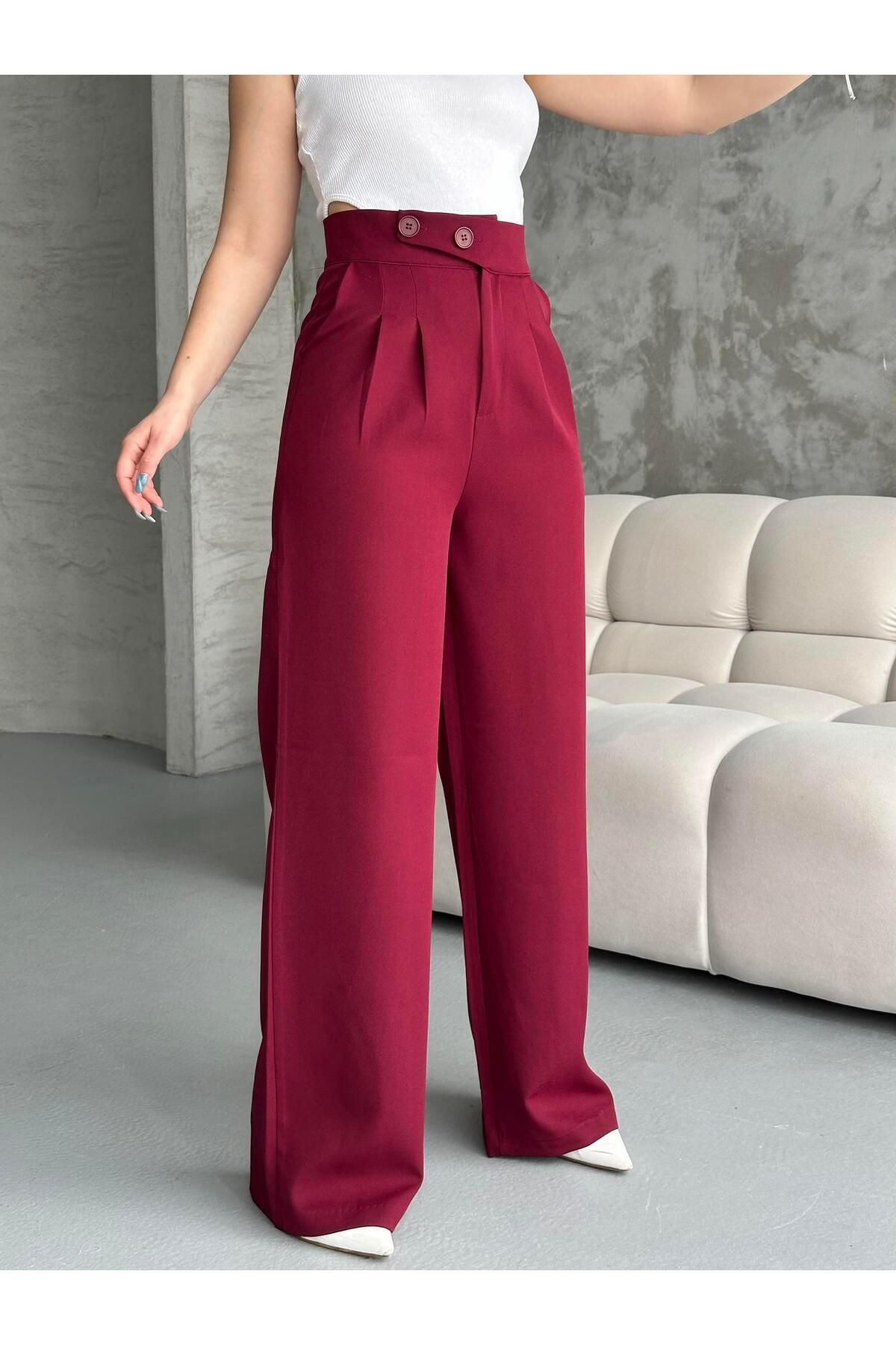 TUĞÇE ÖZER BUTİK Kore Model Bordo Palazzo Pantolon