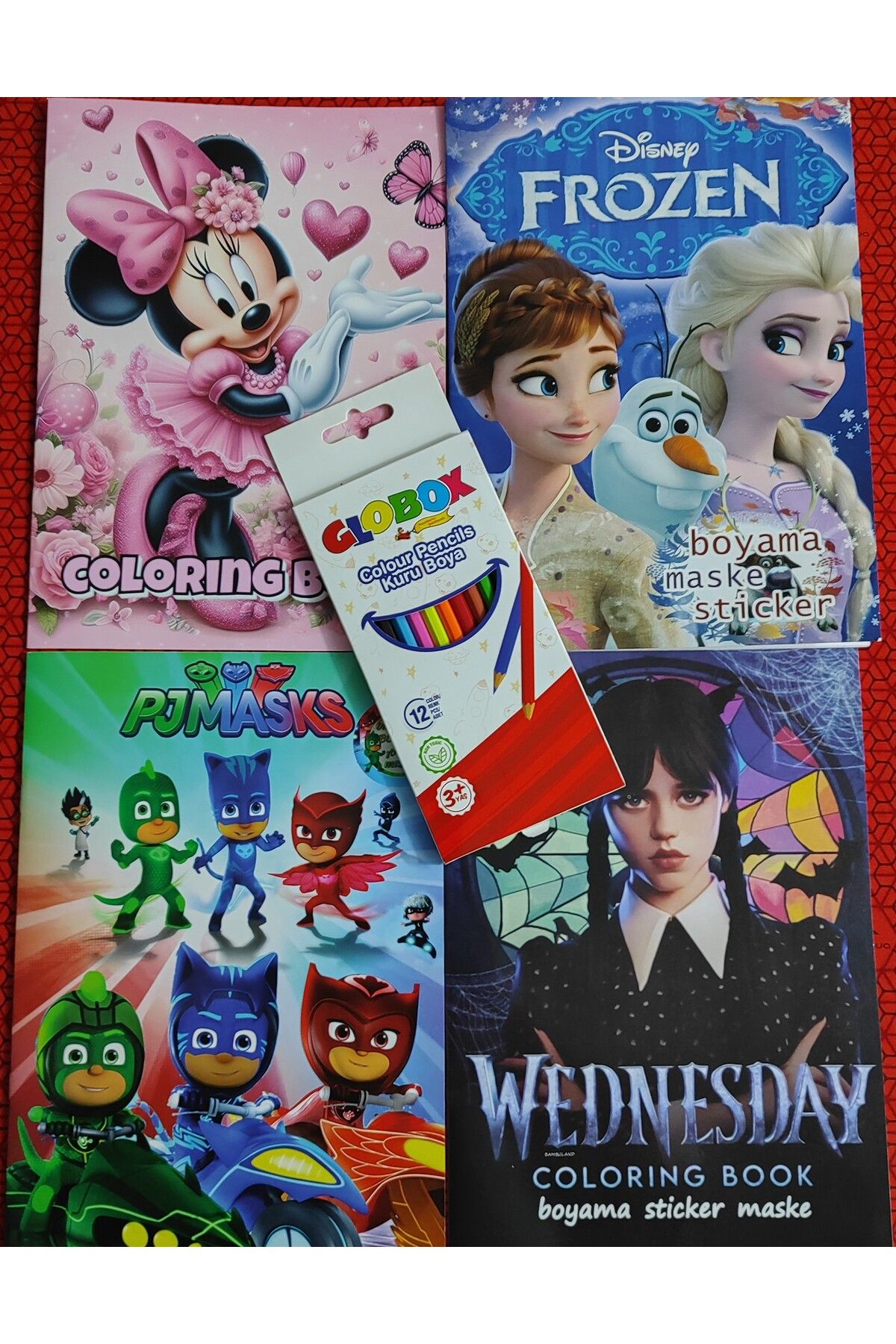 ada çanta kırtasiye 4 adet stickerli boyama kitabı 12 li kuru boya kalemi hediyeli (minie/frozen/wesnesday/pijamaske)X02