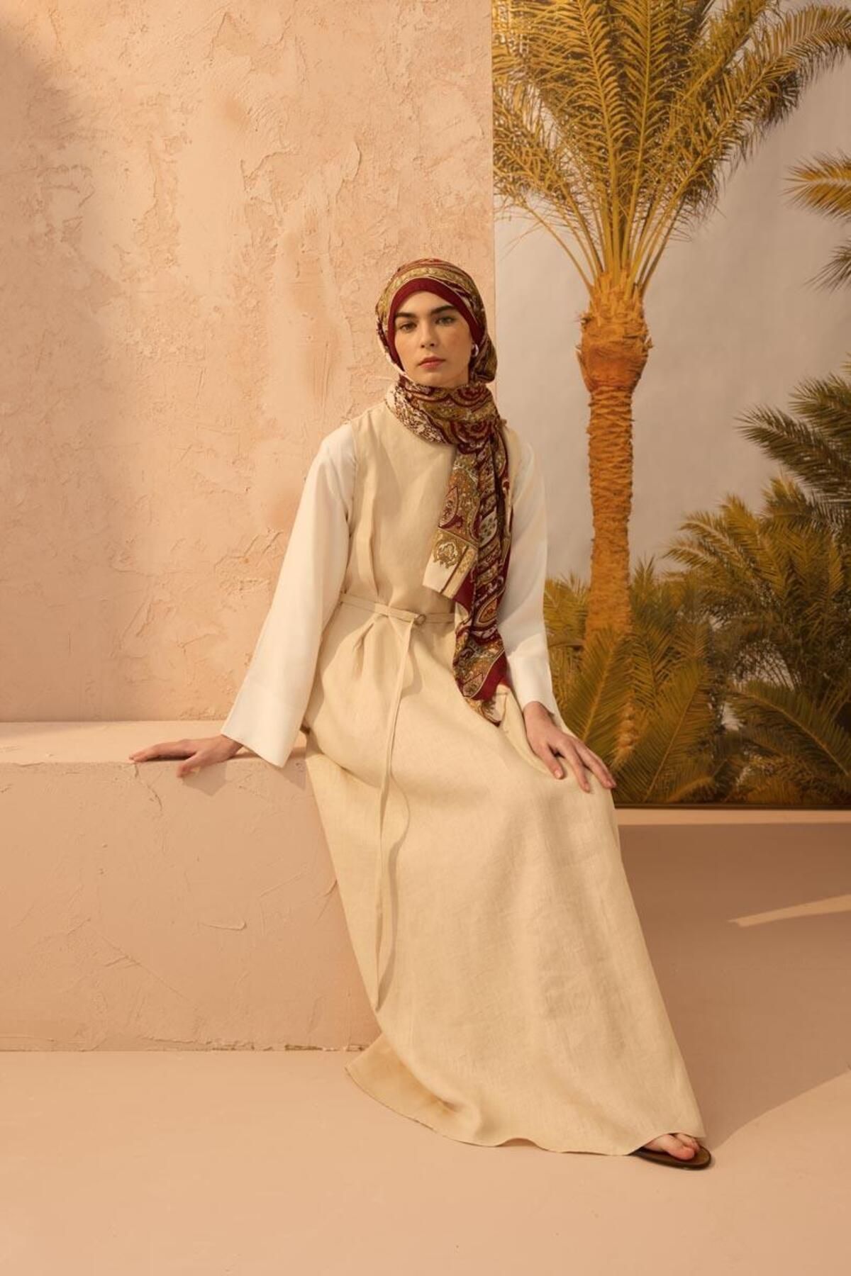 ALYOSHA FASHION Desenli Etnik Şal Bordo - Camel