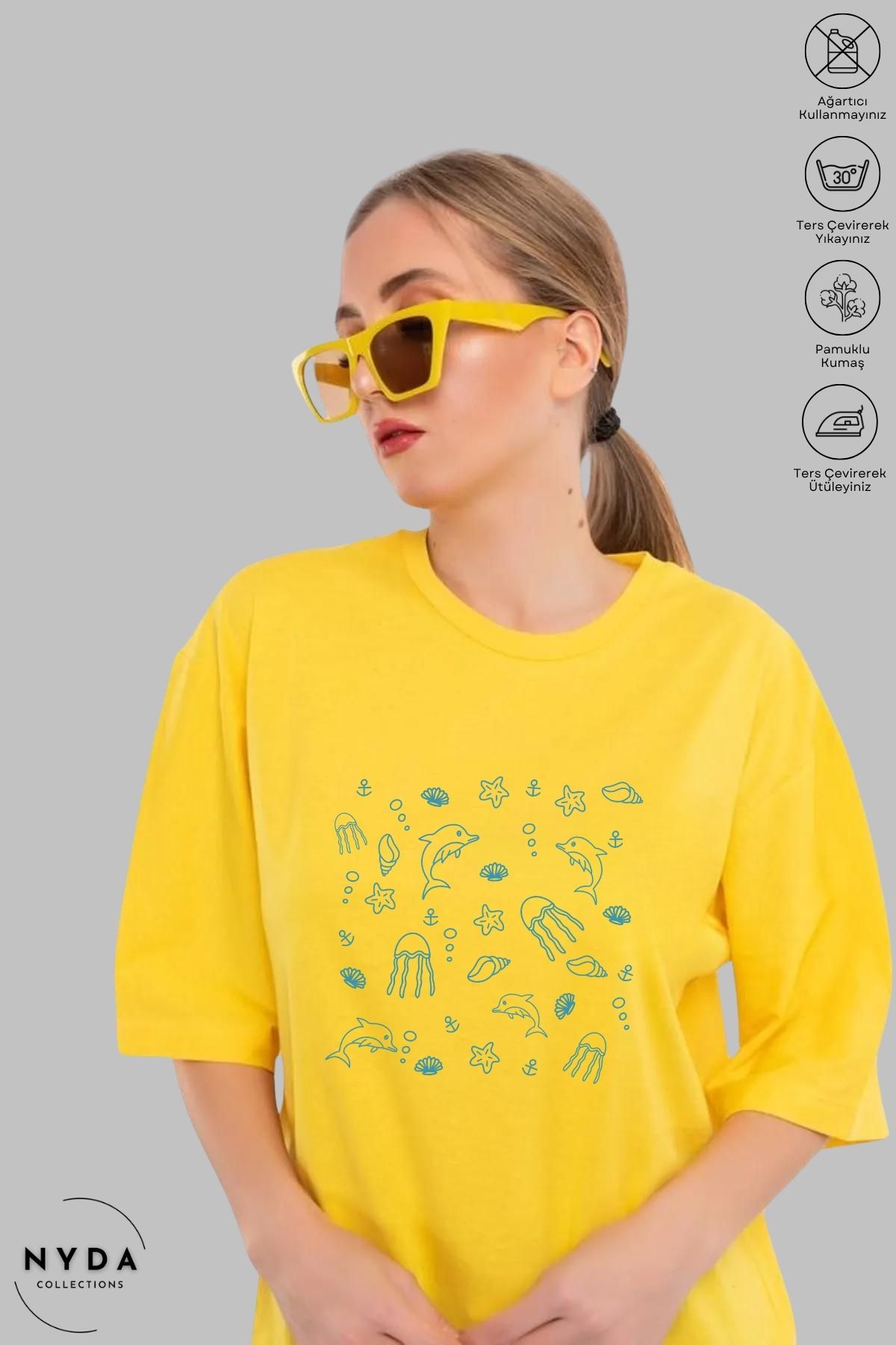 Nyda Collections Kadın Bisiklet Yaka Deniz Canlıları Baskılı Pamuk Oversize Kısa Kollu Tişört