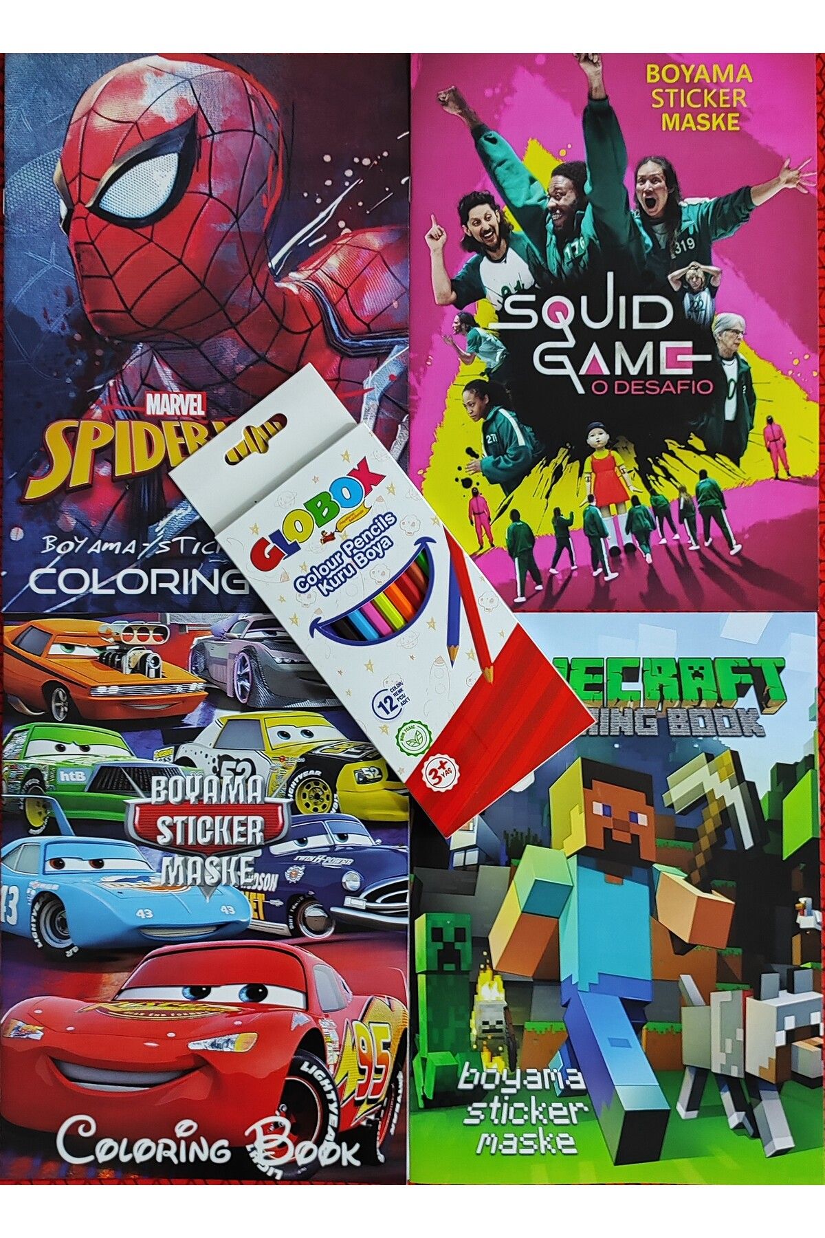 ada çanta kırtasiye 4 adet stickerli boyama kitabı 12 li kuru boya kalemi hediyeli (örü ad./squid g/mcraft/arabalar )X09