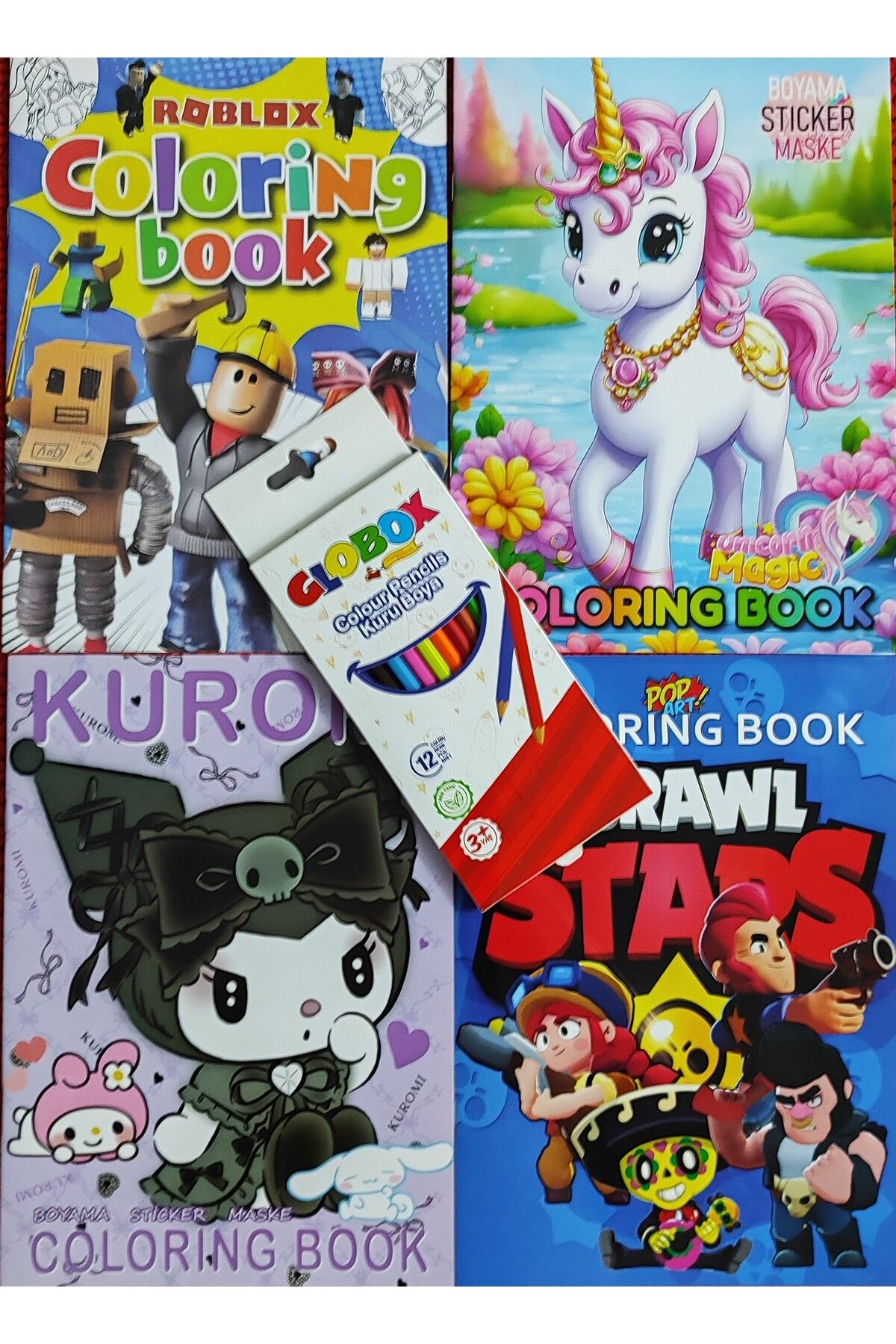 ada çanta kırtasiye 4 adet stickerli boyama kitabı 12 li kuru boya kalemi hediyeli (Brawlstars/unicorn/kuromi/roblox)X14
