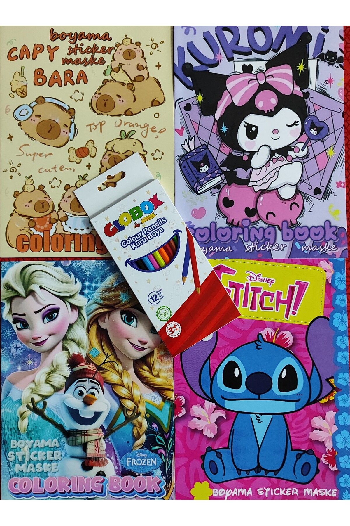 ada çanta kırtasiye 4 adet stickerli boyama kitabı 12 li kuru boya kalemi hediyeli (Capybara/kuromi/stitch/elsa )X06