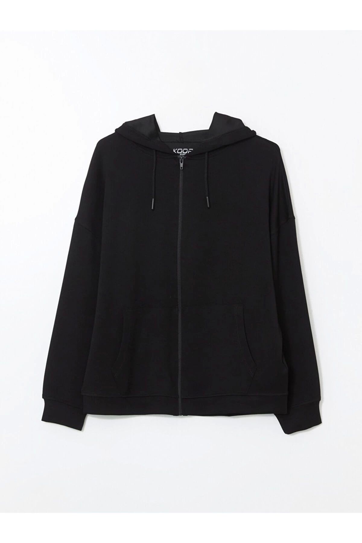 LC Waikiki KOOR Siyah Kapüşonlu Kadın Fermuarlı Sweatshirt