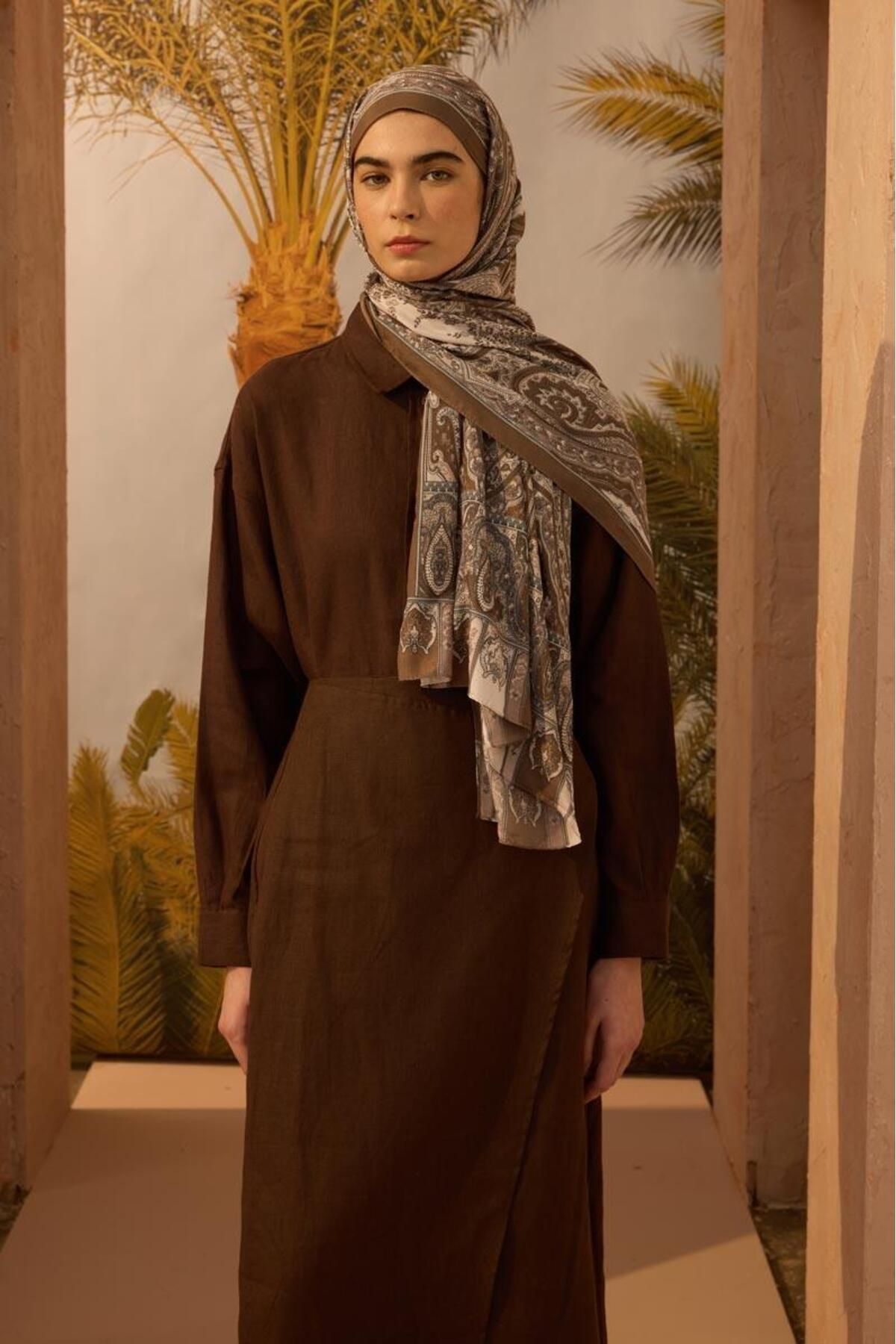 ALYOSHA FASHION Desenli Etnik Şal Sütlükahve - Taş