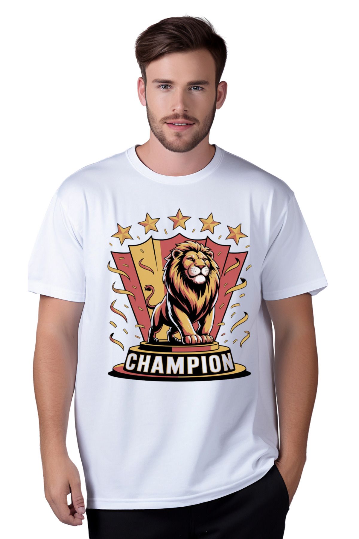 3E DESING 5 Yıldız ve Aslan Baskılı Likralı %100 Pamuk T-Shirt