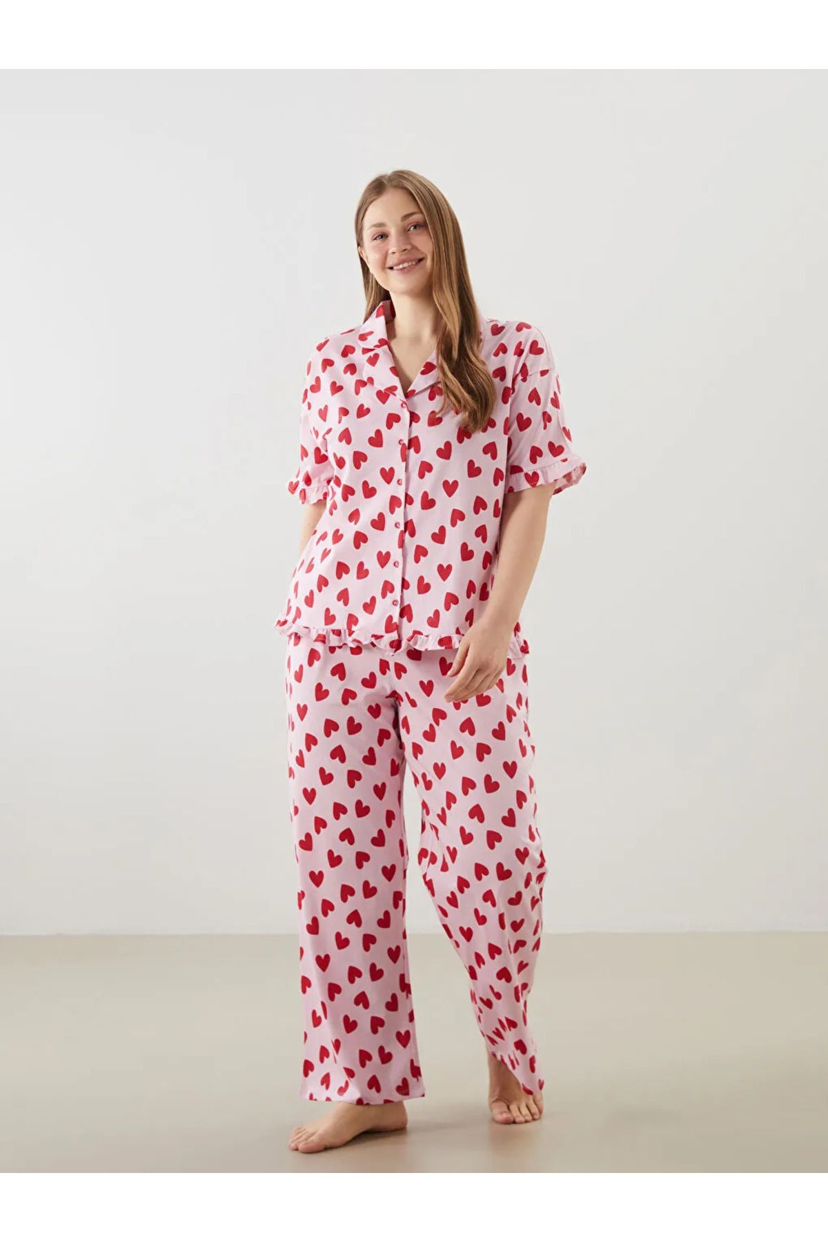 LC Waikiki LCW DREAM Pembe Büyük Beden Kalp Baskılı Kadın Pijama Takımı