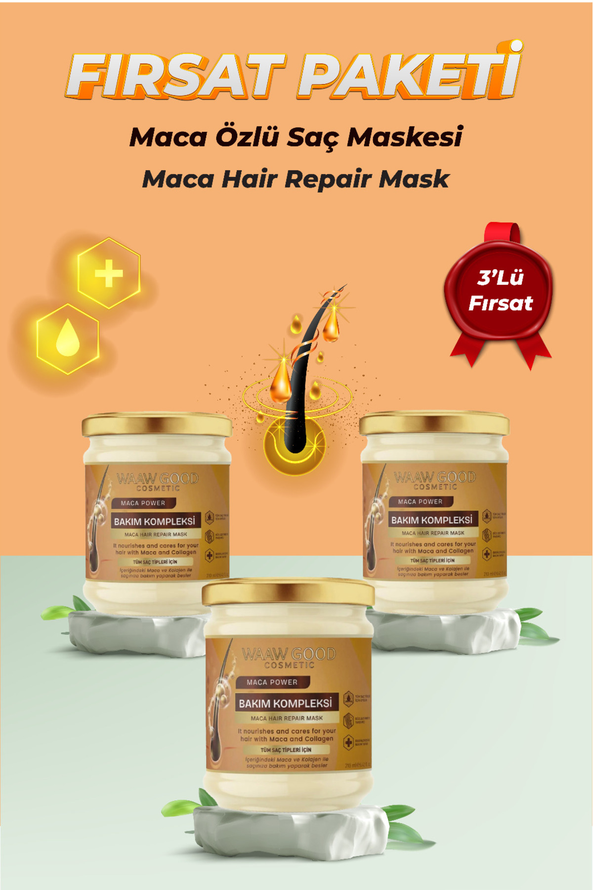 WAAW GOOD Maca (Matcha) Özlü ve Fas Arganlı Saç Maskesi 210 Ml Üçlü Fırsat Paketi — 99999