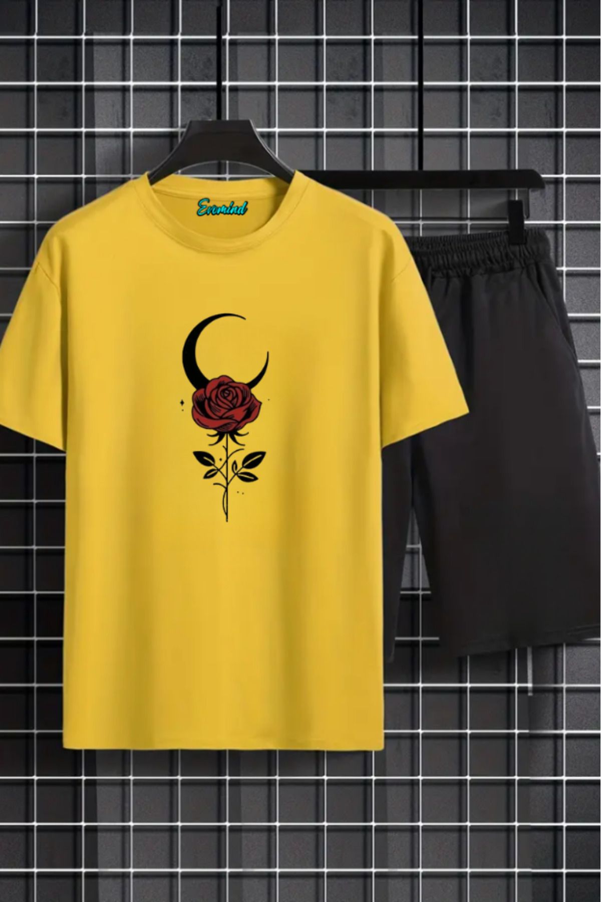 artı4 Gül ve Ay Baskılı Unisex Şort T-shirt Takım