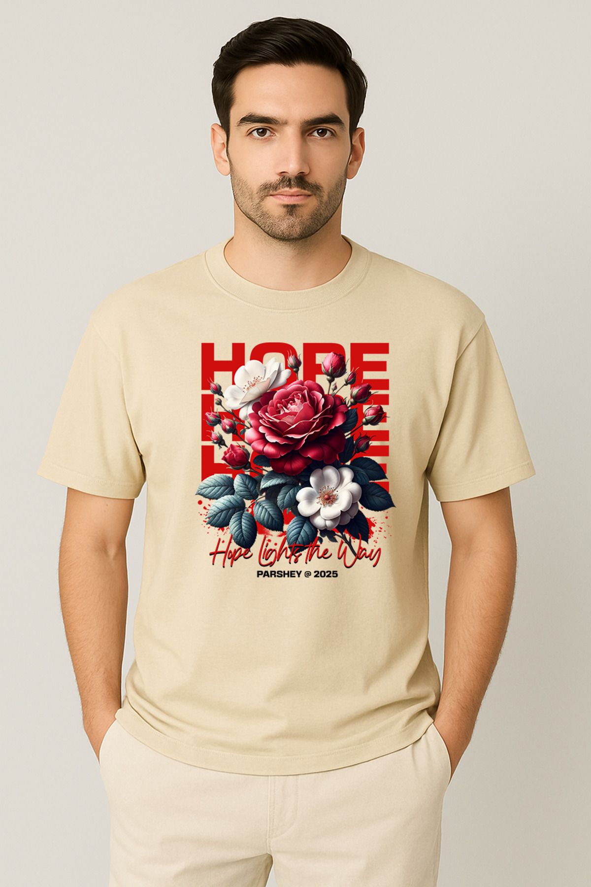 PARSHEY Erkek - Kadın %100 Pamuk Hope Gül Desenli Baskılı Yarım Kollu Bisiklet Yaka T-Shirt