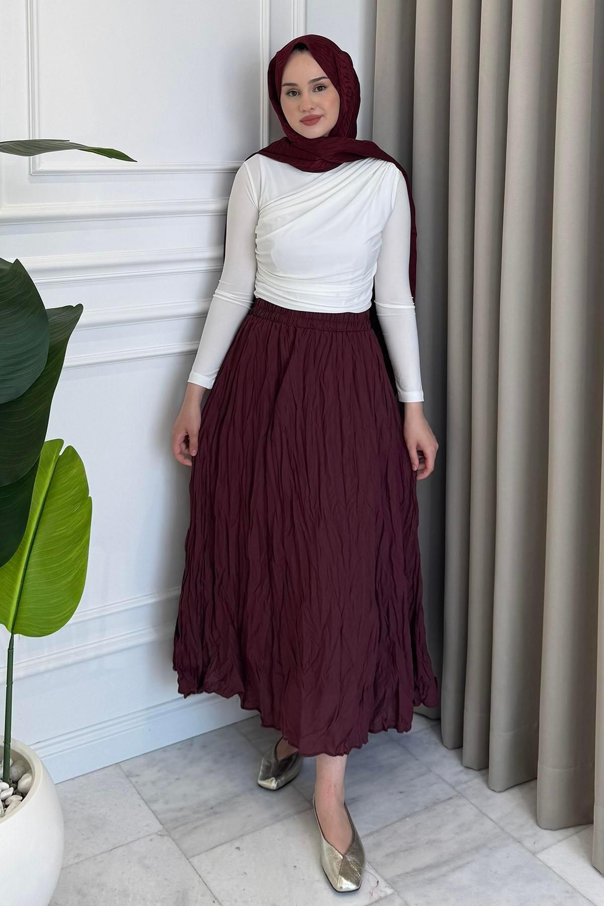 Beige Store Kendinden Kırışık Bol Kesim Etek Bordo