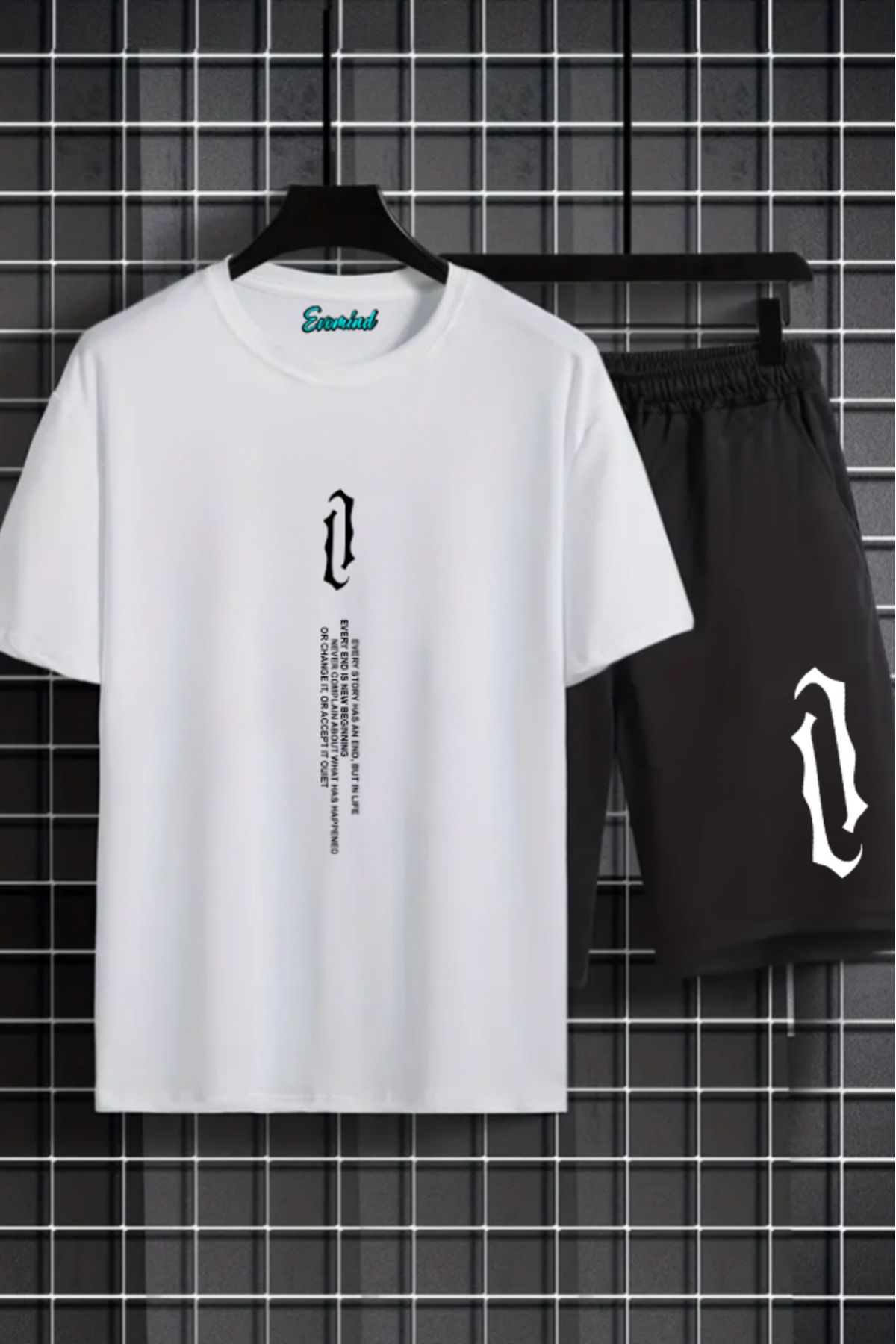 Evomind Dikey Yazı Baskılı Unisex Şort T-shirt Takım