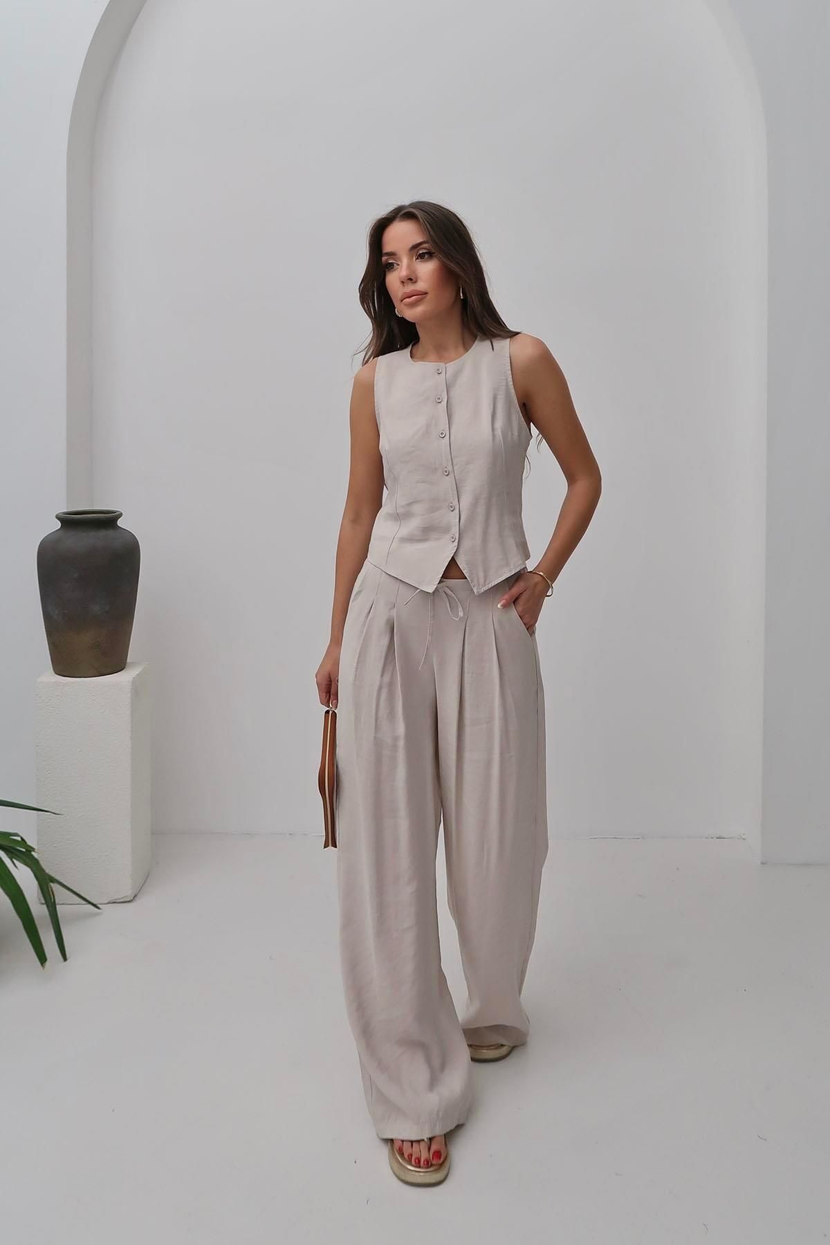 Moda cameo Mohinto Modal Kumaş Yelek Pantolon Takım Taş