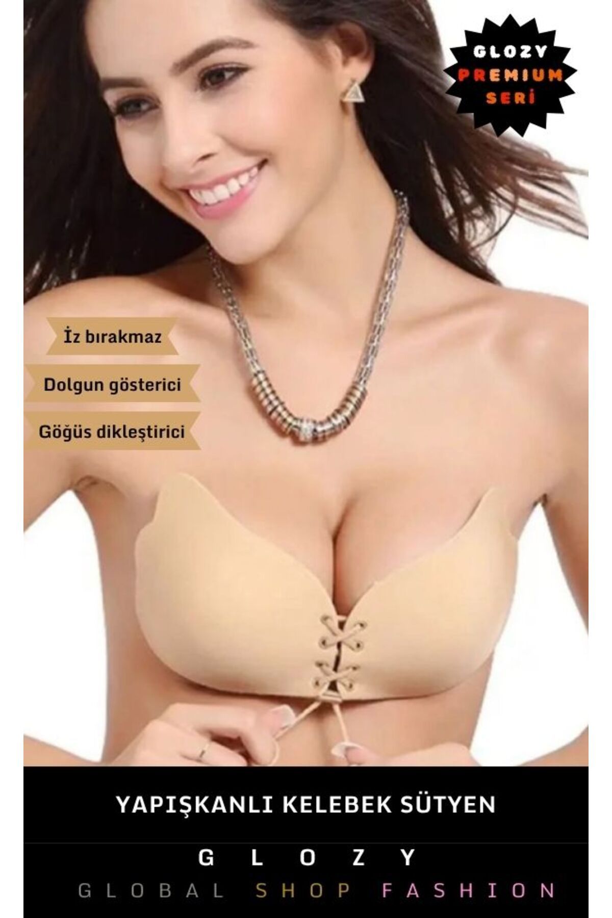 GLOZY Premium Seri Toparlayıcı Dolgun Gösteren Yapışkanlı Göğüs Dikleştirici Askısız Straplez Sütyen
