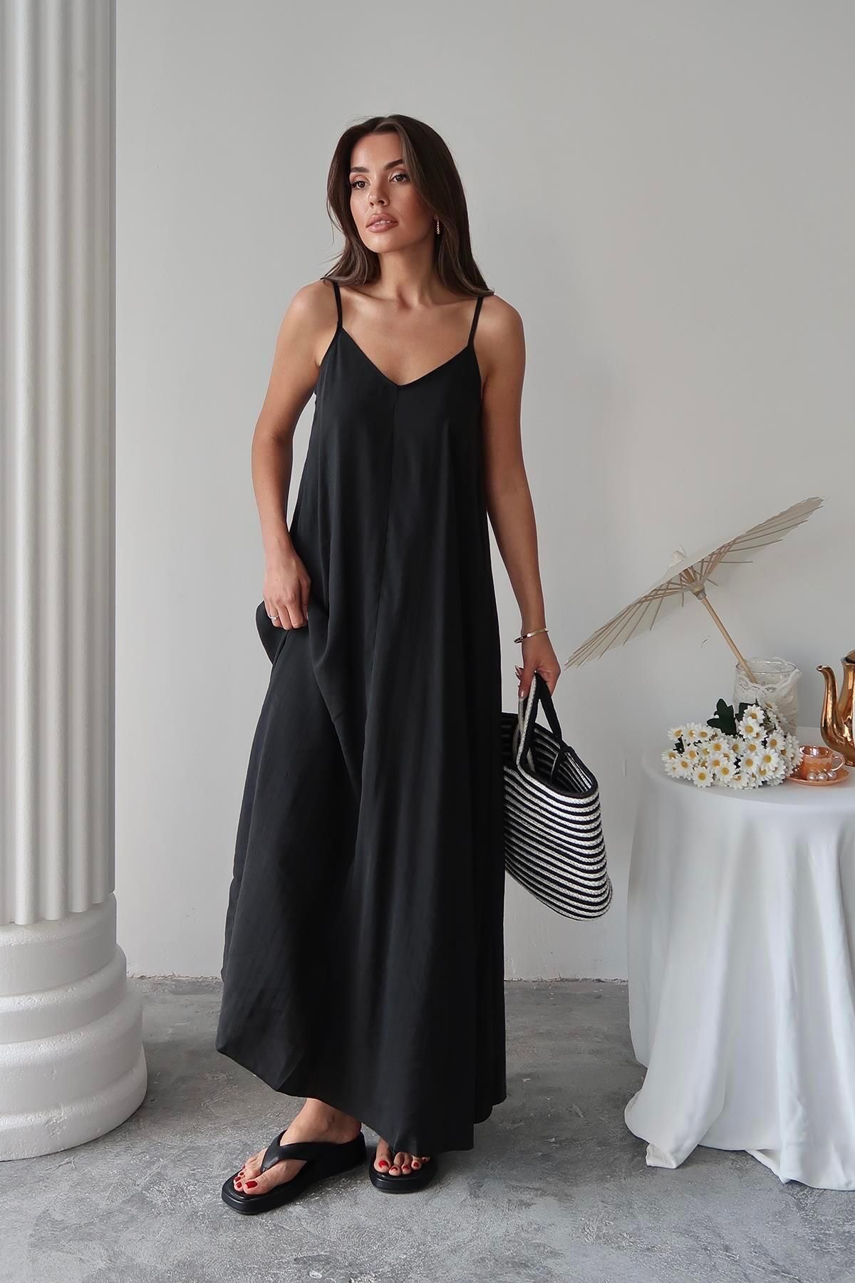 Moda cameo Mohinto İp Askılı Modal Kumaş Elbise Siyah