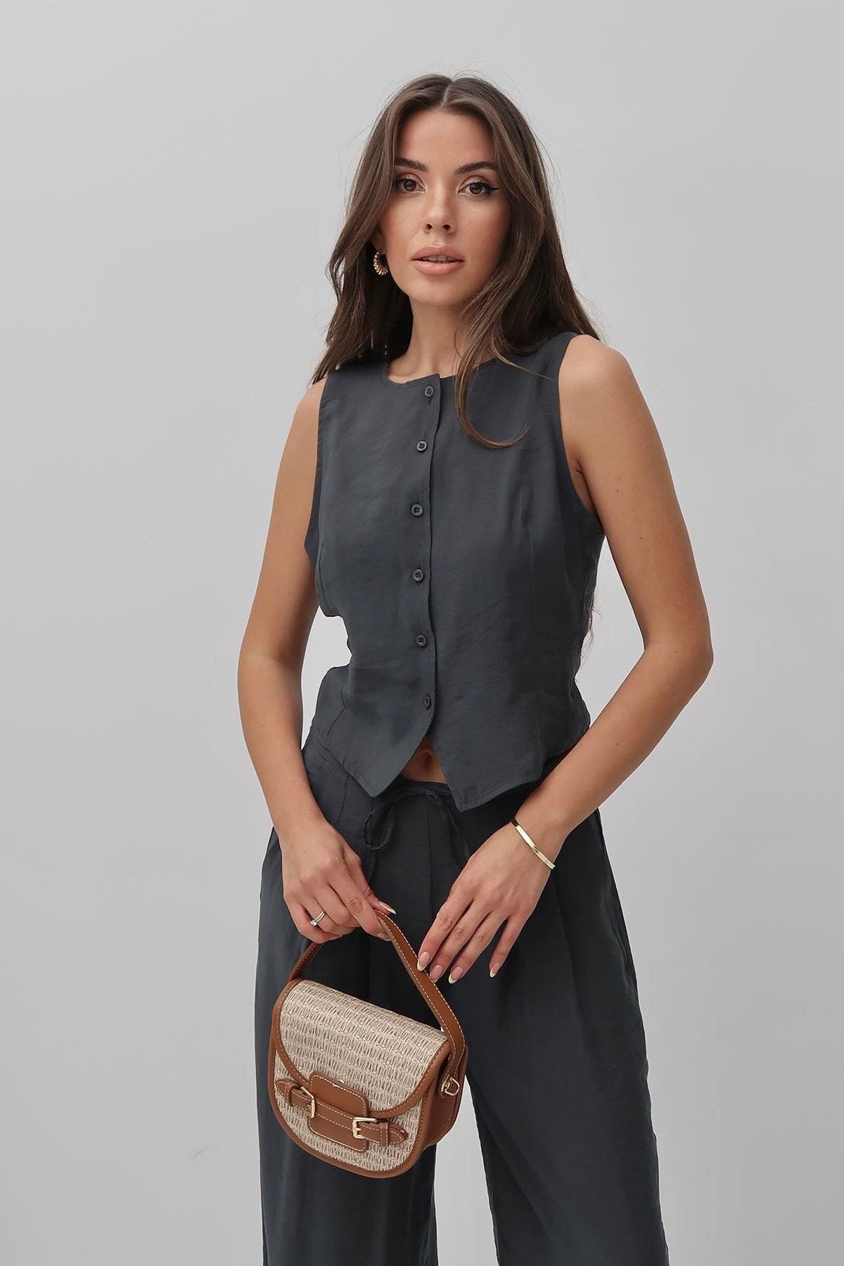 Moda cameo Mohinto Modal Kumaş Yelek Pantolon Takım Antresit