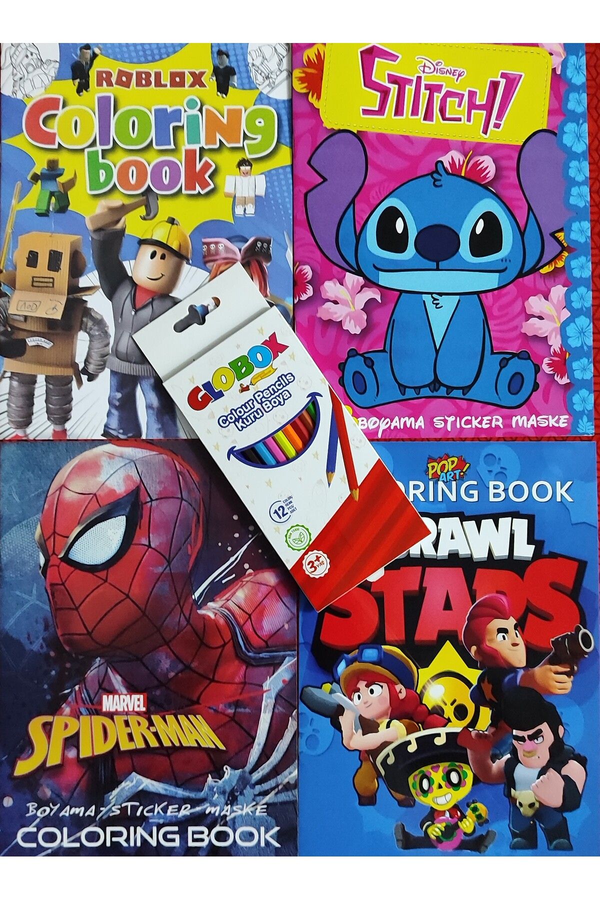 ada çanta kırtasiye 4 adet stickerli boyama kitabı 12 li kuru boya kalemi hediyeli (Brawlstars/stitch/örmck/roblox)X18