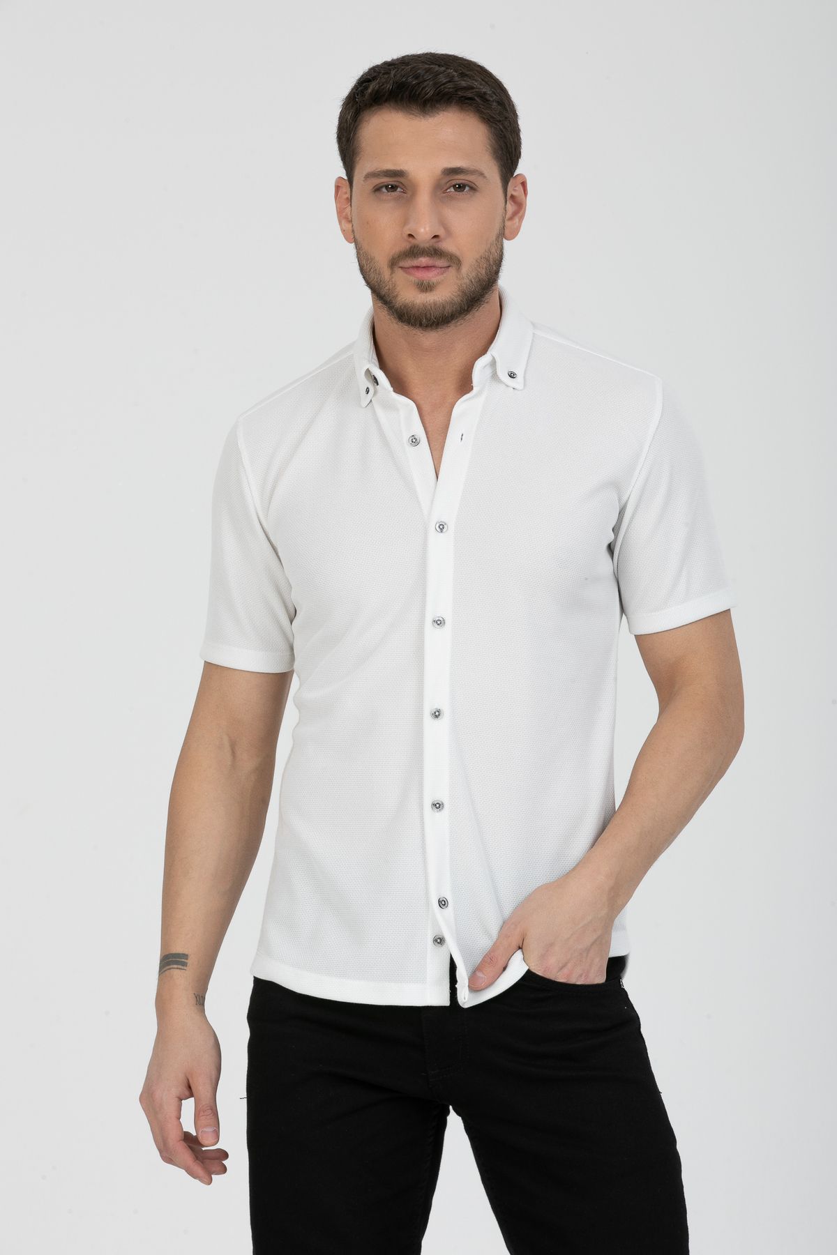 Klothy Erkek Kısa Kol Slim Fit Örme Gömlek 2588