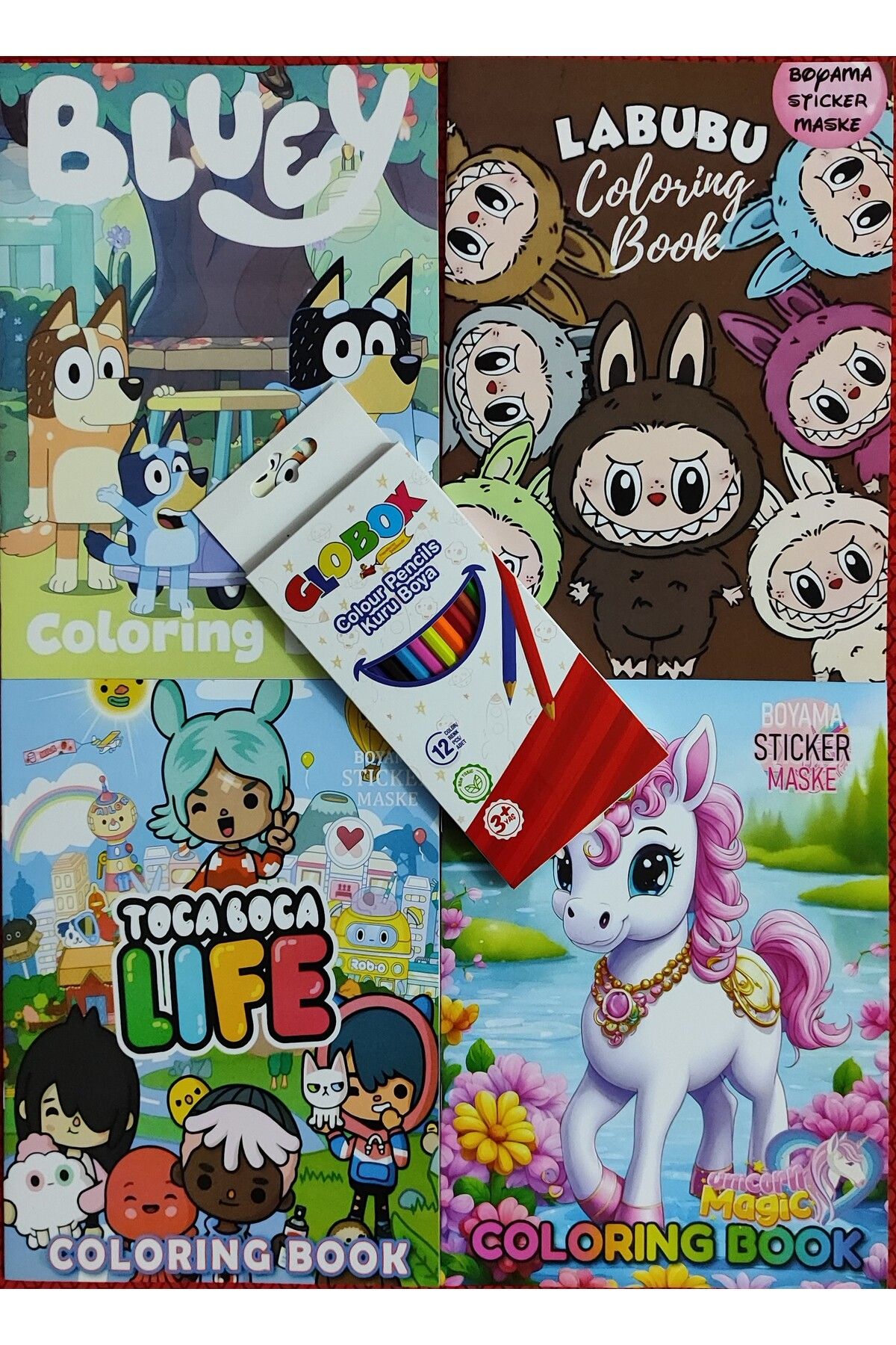 ada çanta kırtasiye 4 adet stickerli boyama kitabı 12 li kuru boya kalemi hediyeli (Labubu/Bluey/unicorn/toca boca)X20
