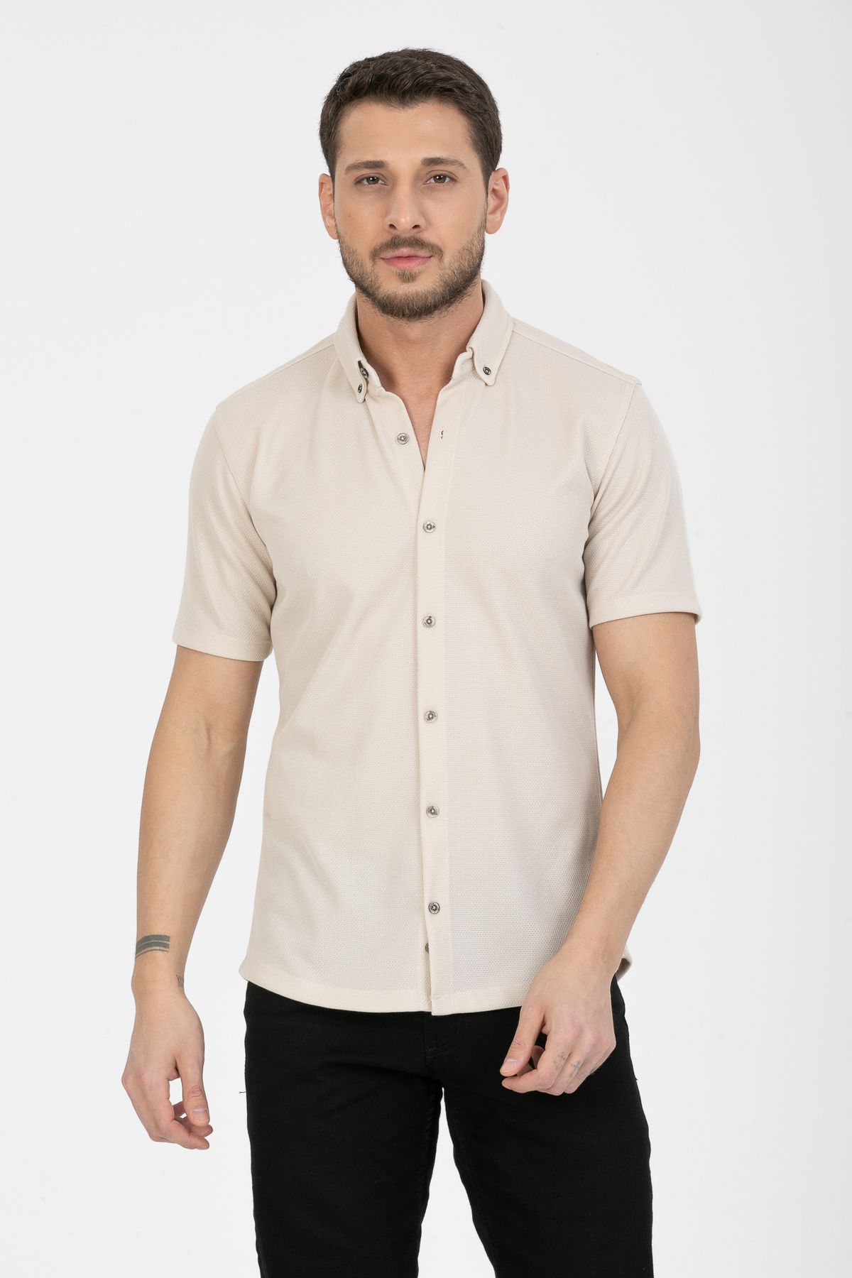 Klothy Erkek Kısa Kol Slim Fit Örme Gömlek 2588