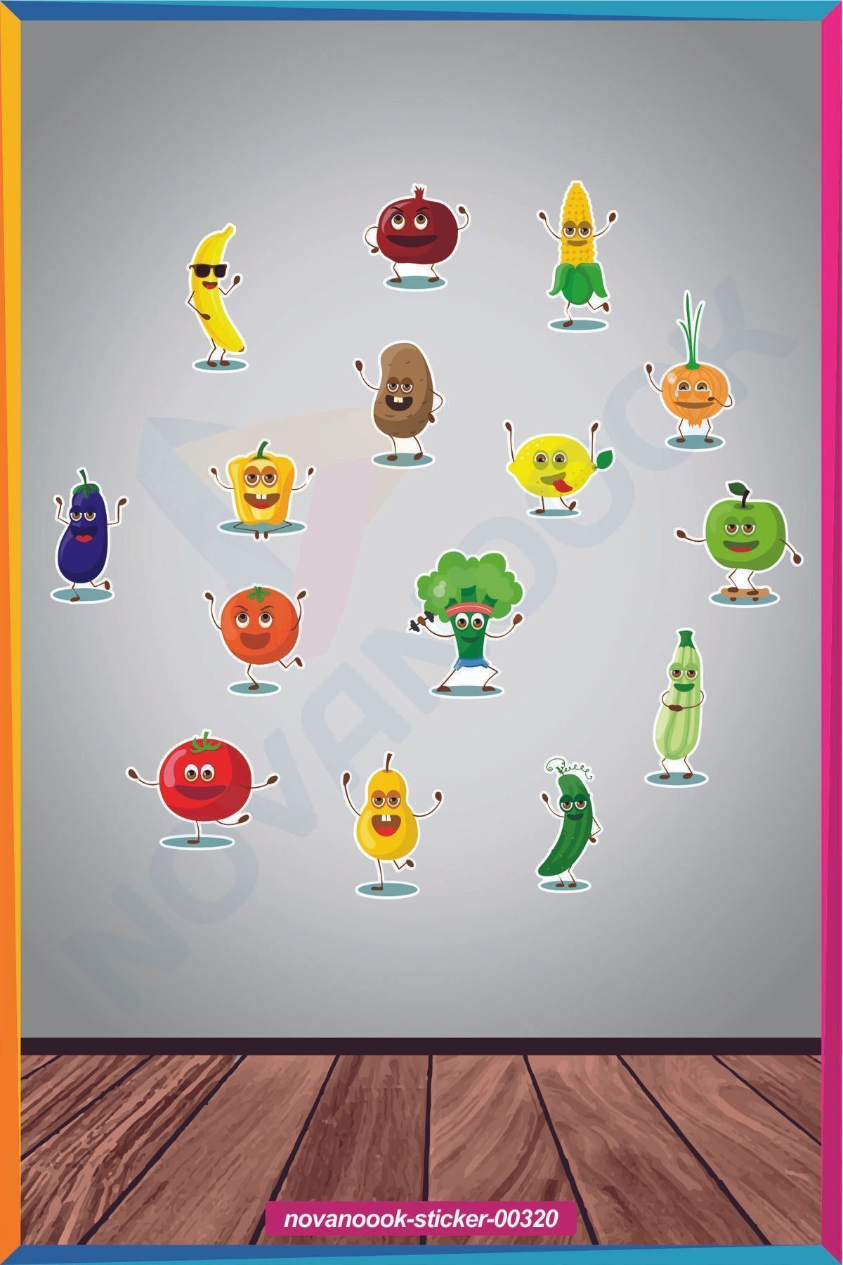 GSticker Sevimli Meyve ve Sebzeler Anaokulu Kreş Cam Duvar Sticker Seti Etiket