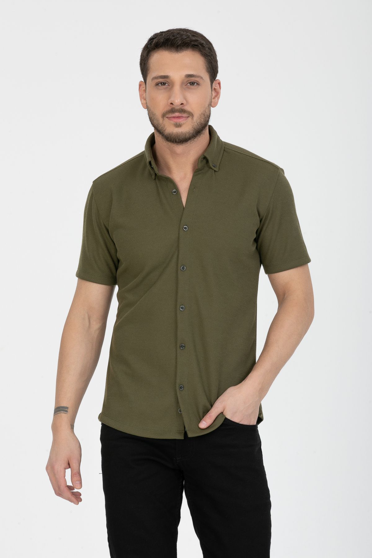 Klothy Erkek Kısa Kol Slim Fit Örme Gömlek 2588