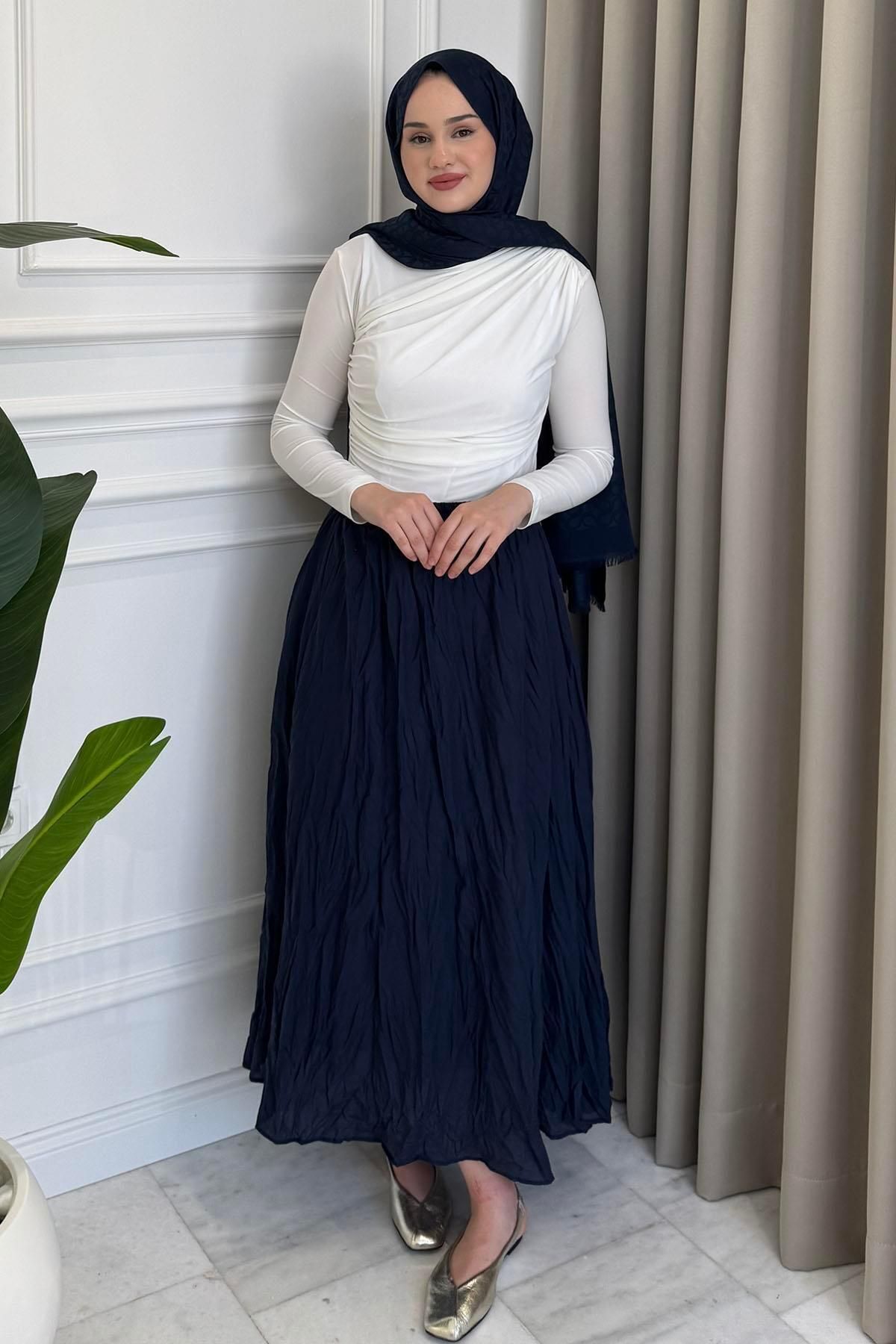 Beige Store Kendinden Kırışık Bol Kesim Etek Lacivert
