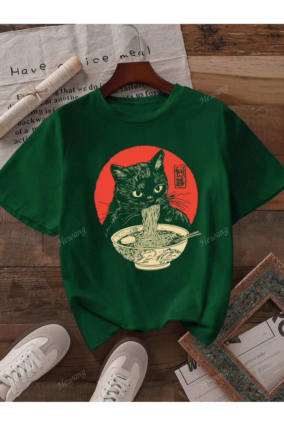 PALPİTO Unısex Nefti Yeşili Makarna Yiyen Kedi Baskılı Oversize T-Shirt