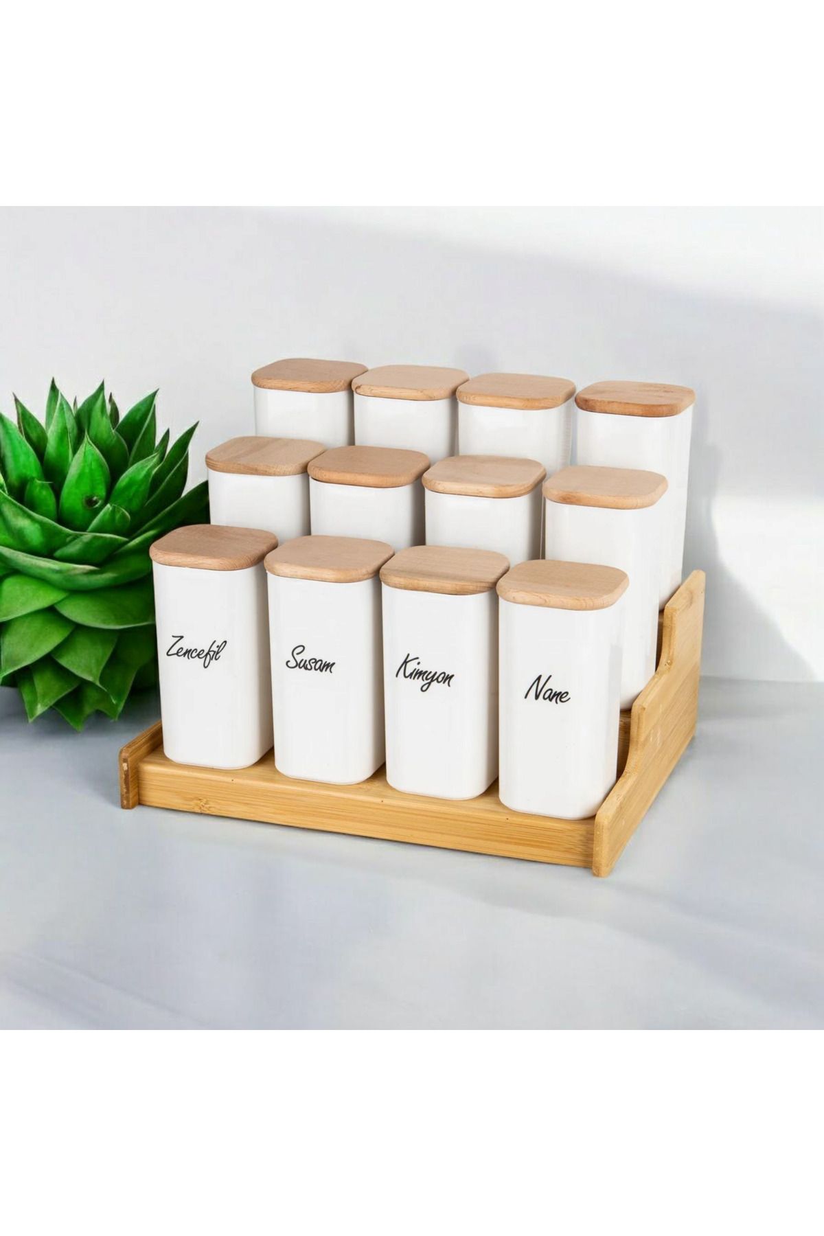 ELF HOME CONCEPT 12'li 300 ml Bambu Standlı Vakumlu Ahşap Kapaklı Porselen Görünümlü Akrilik Baharatlık Seti