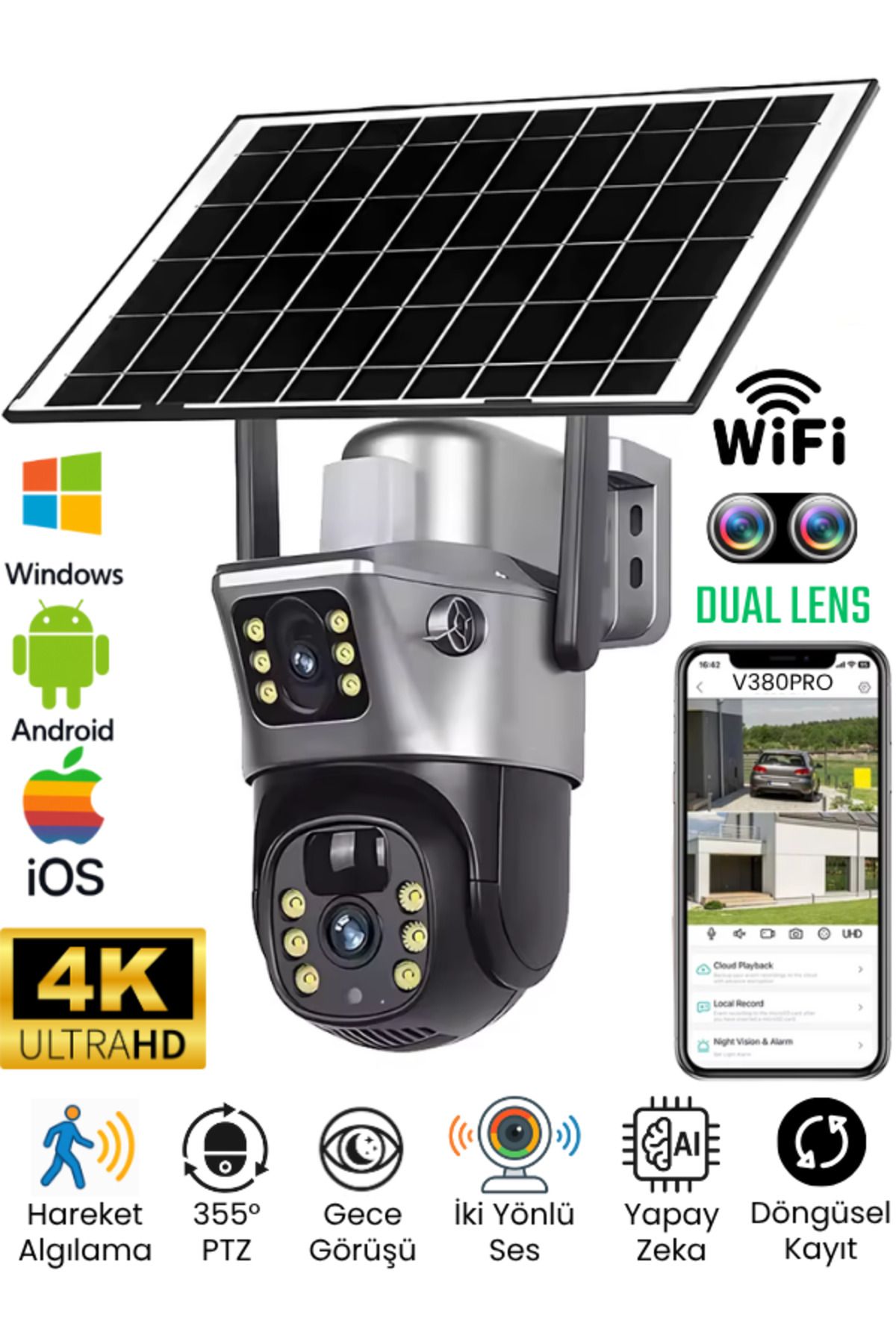 SONREİR MPI V380PRO 6MP Güneş Enerjili WiFi Güvenlik Kamerası Akıllı Yapay Zeka PTZ Solar Kamera Gece Görüşü
