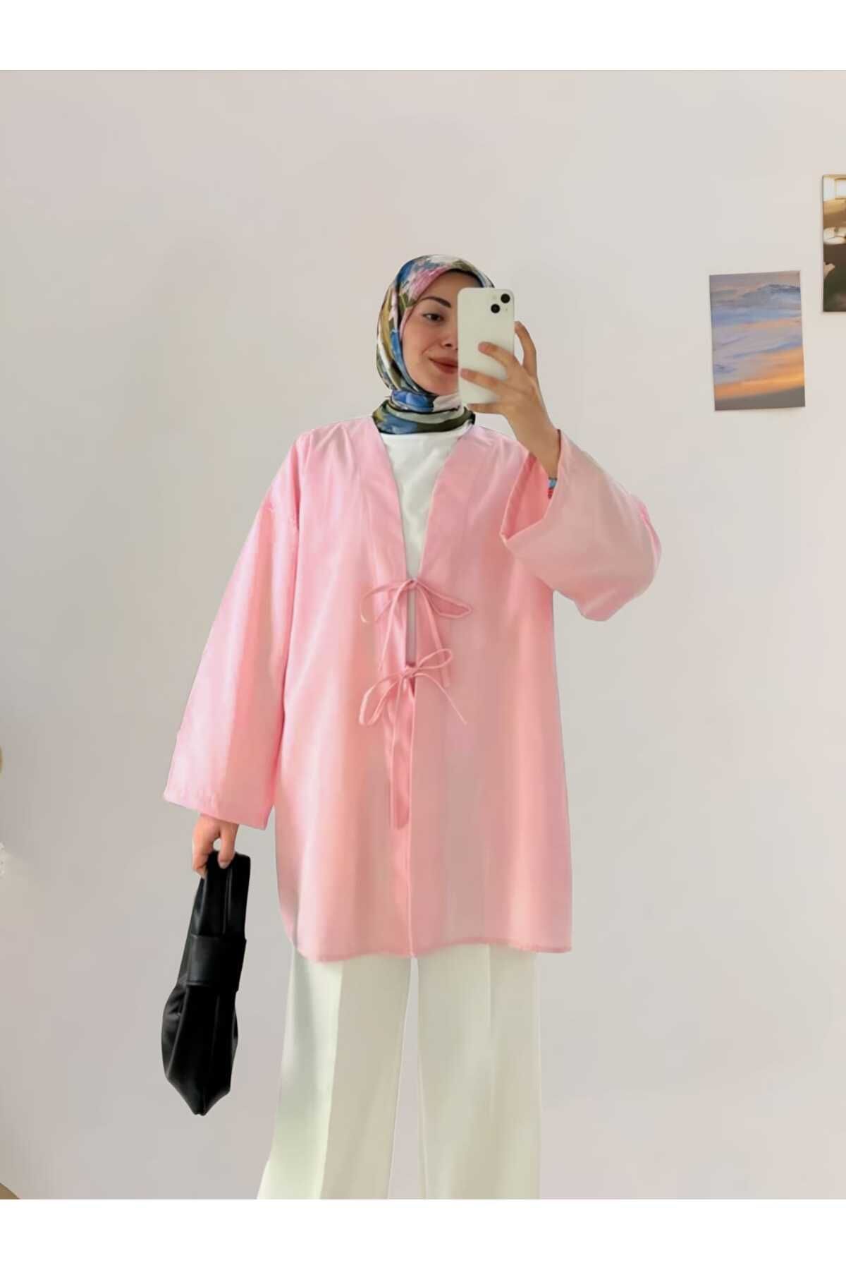MODA Çift Fiyonk Bağcıklı Terikoton Kumaş Kimono