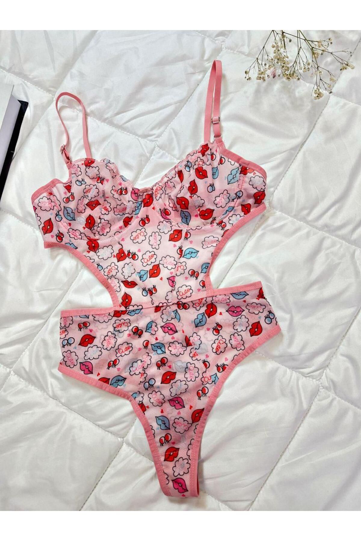 Mulvix Mulvxbrf Brf02 Öpücük Desenli Pembe Bodysuit (Mulvix)