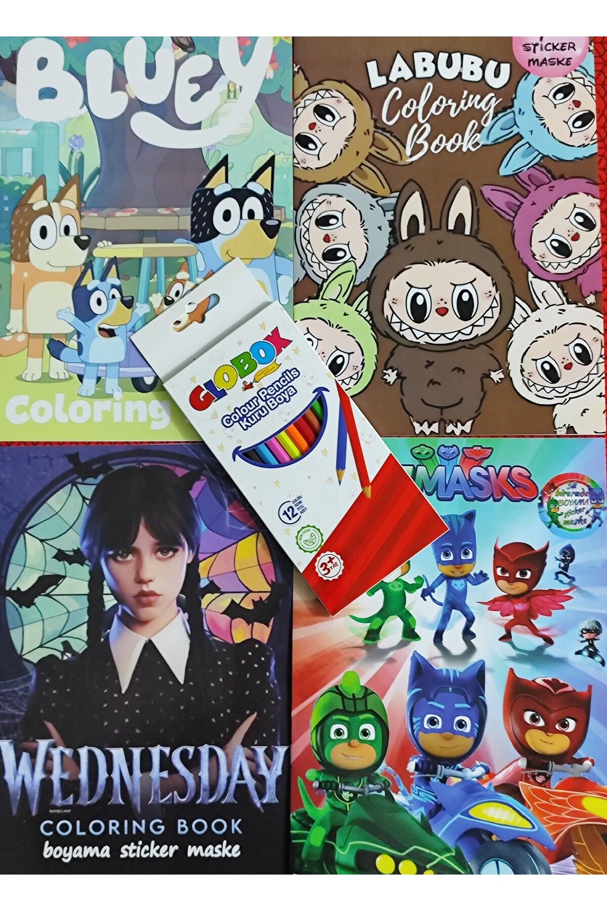 ada çanta kırtasiye 4 adet stickerli boyama kitabı 12 li kuru boya kalemi hediyeli (Labubu/Bluey/wednesday/pijamaske)X23