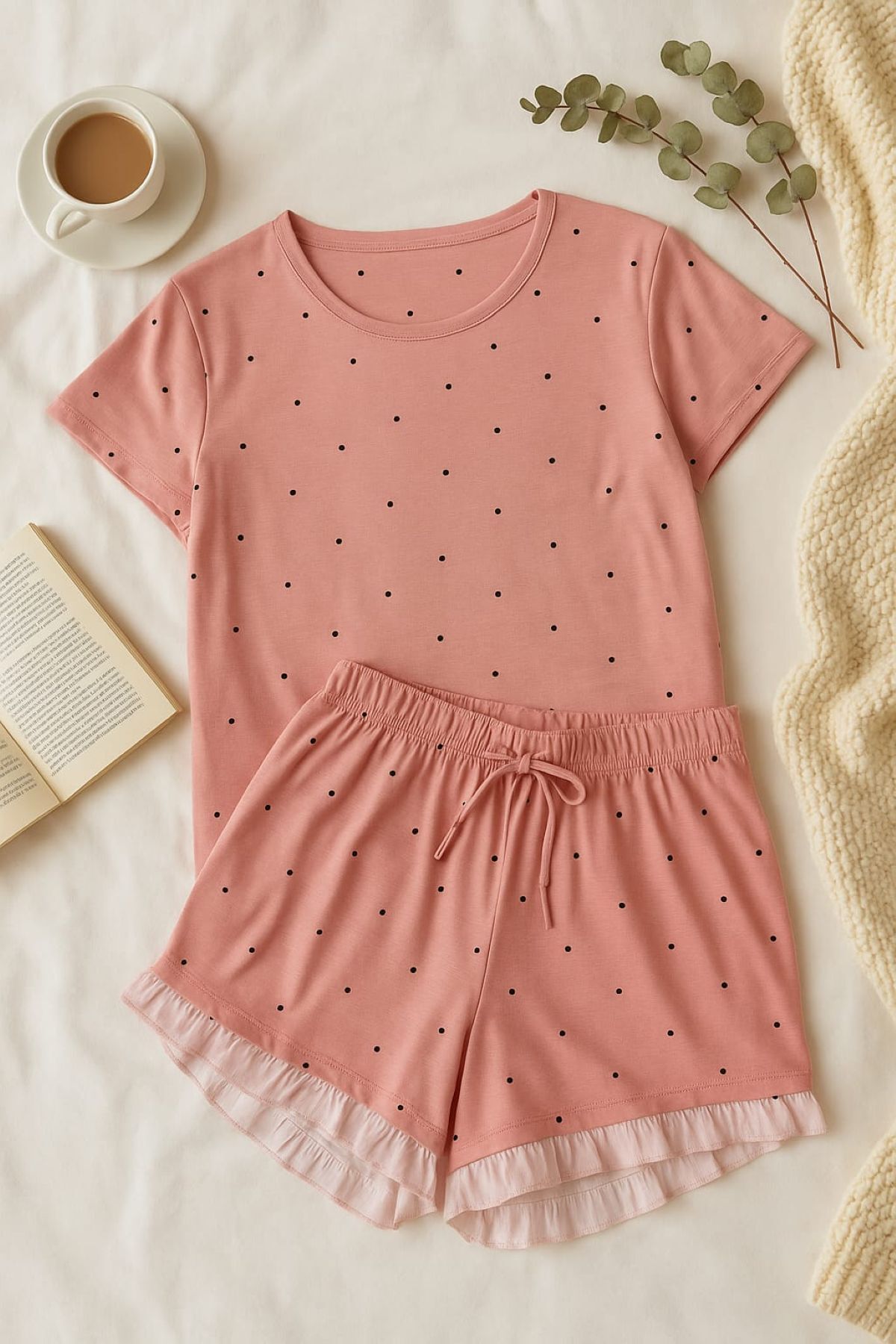 ELİTOL Kadın Pembe Puantiyeli %100 Pamuk Şortlu Pijama Takımı – Fırfır Detaylı Yazlık Ev Giyim