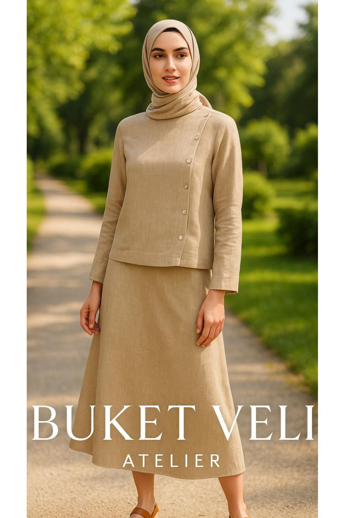 Buket Veli Atelier Taş Rengi Düğmeli Tasarım Kadın Yazlık Üst Etek Üstü Bluz