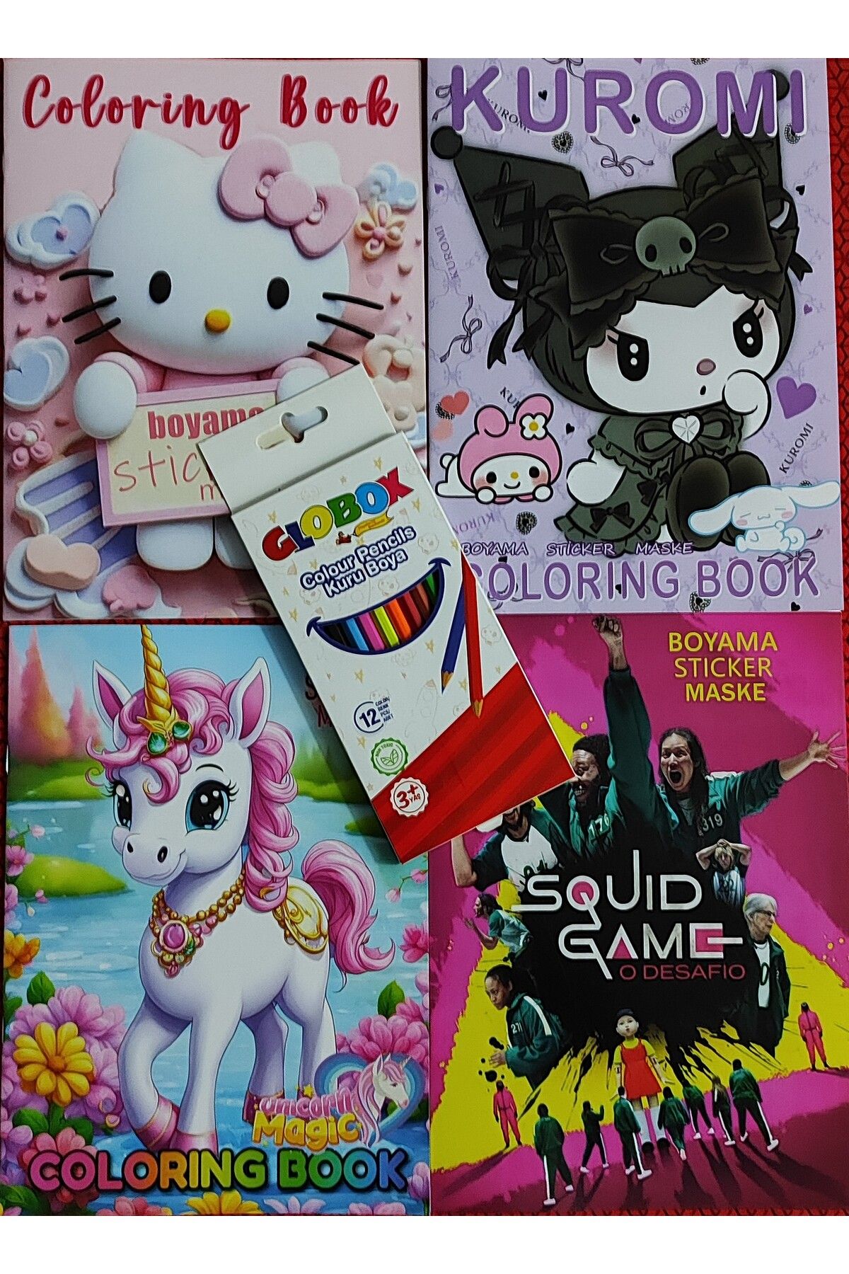 ada çanta kırtasiye 4 adet stickerli boyama kitabı 12 li kuru boya kalemi hediyeli (Hello Kitty/Kuromi/unicorn/squid)X28