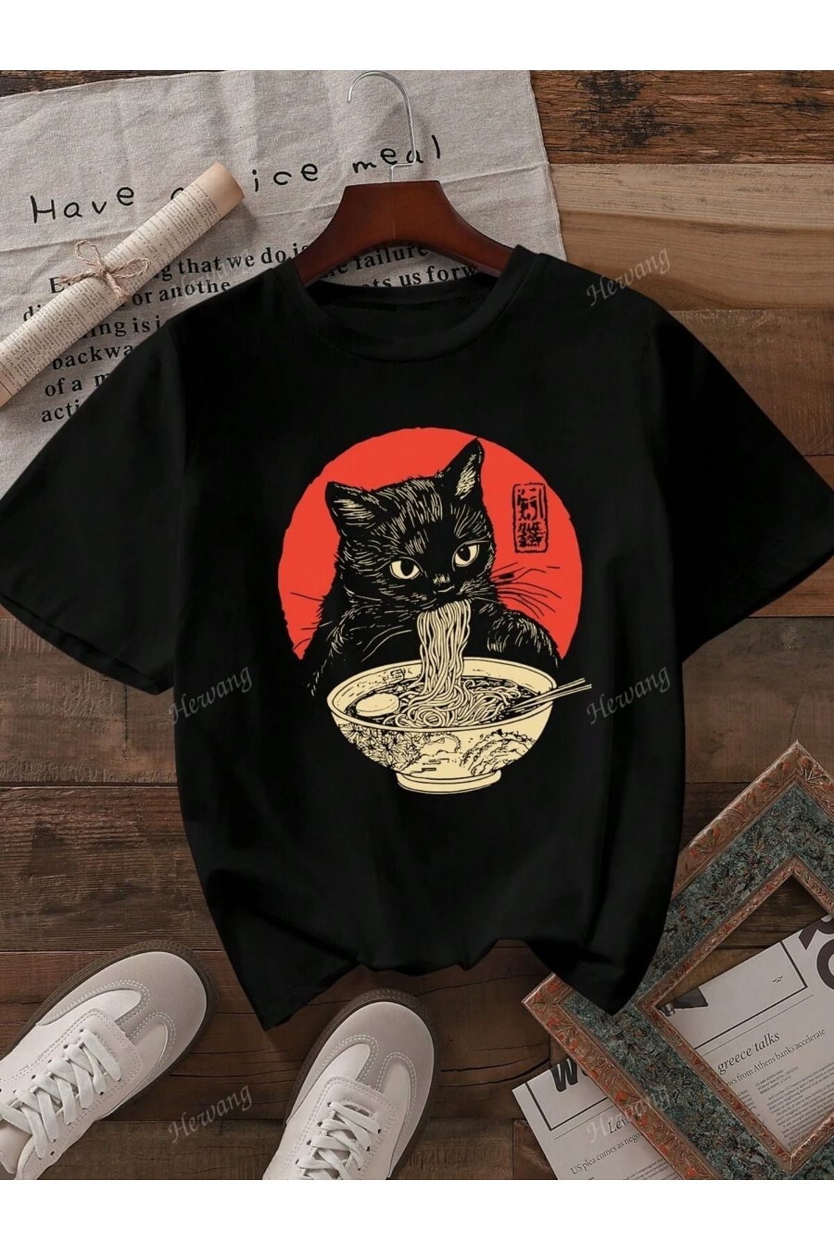 PALPİTO Unısex Siyah Makarna Yiyen Kedi Baskılı Oversize T-Shirt