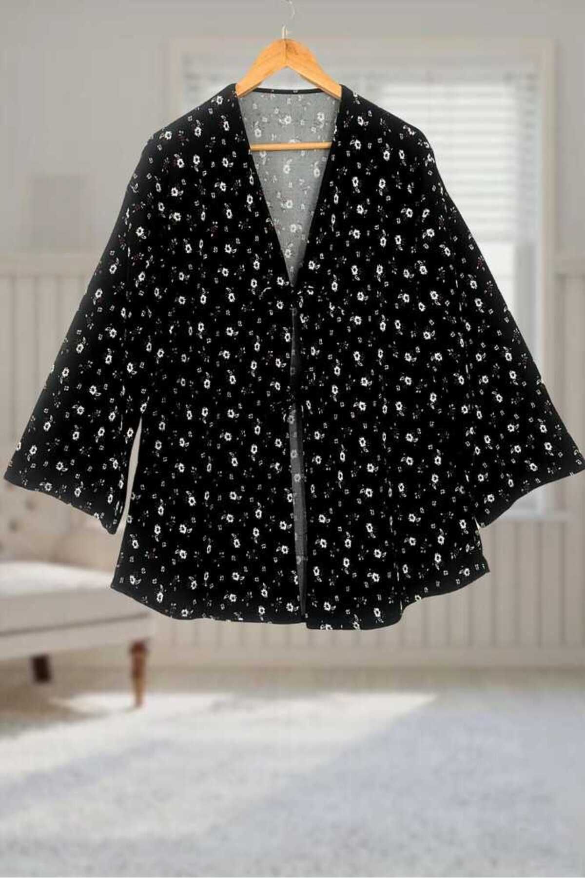 Aişe tesettür Siyah Çiçekli Önü Bağlamalı Kimono Tunik / Likralı Yazlık Kumaş 85cm Boy