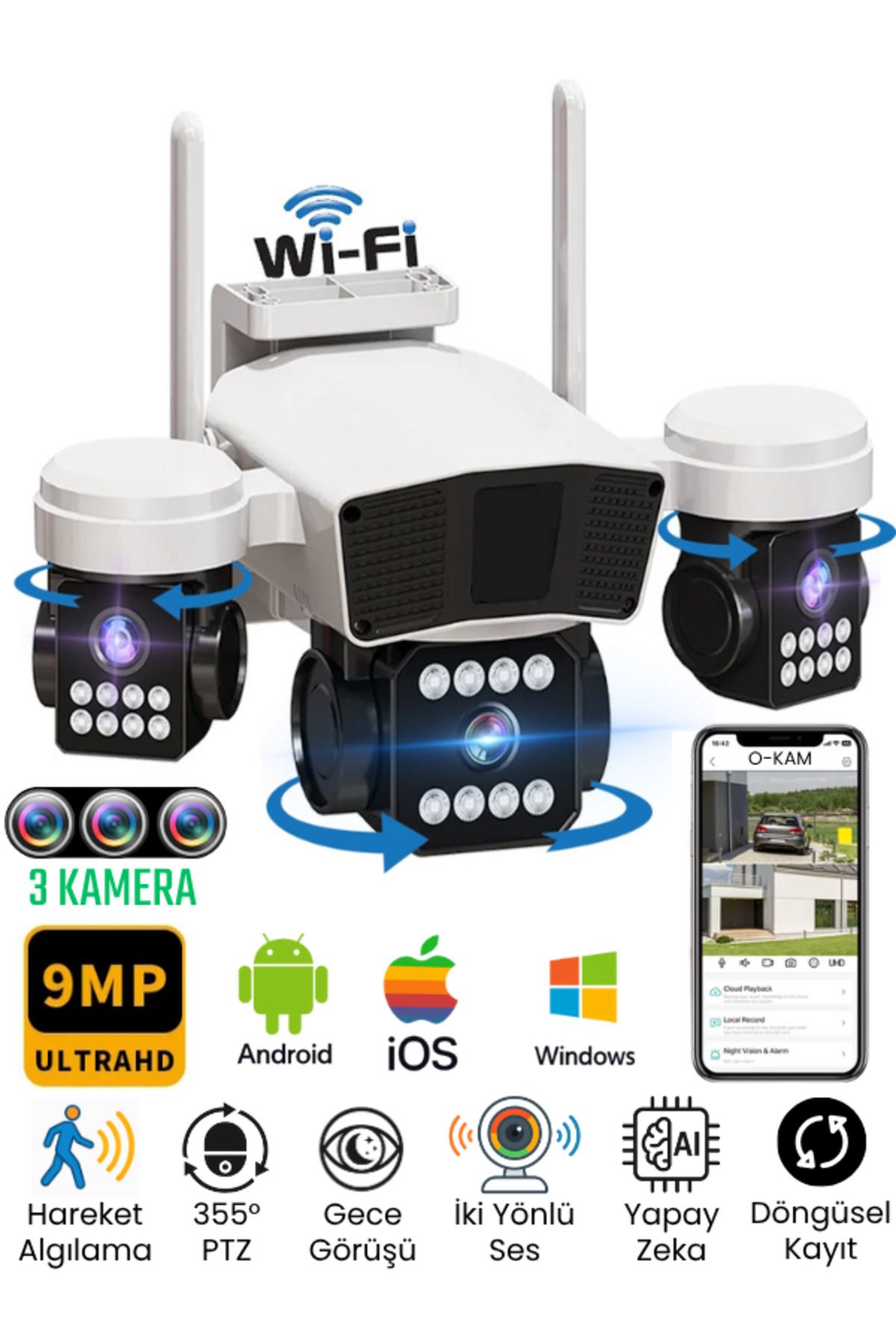 SONREİR 3036ProX 3 Kameralı 9MP WiFi Akıllı Güvenlik Kamerası Yapay Zeka İnsan Algılama Gece Görüşlü Kamera