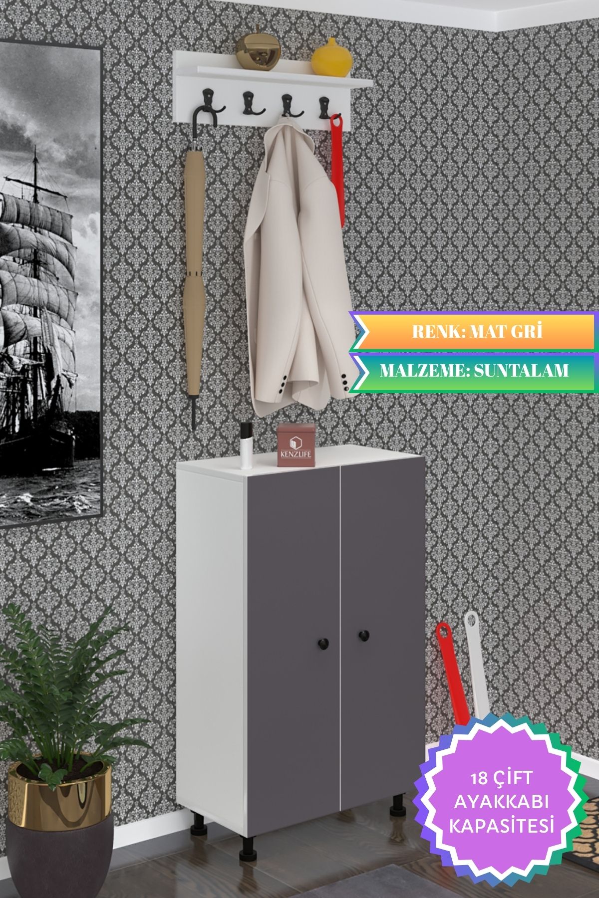 Kenzlife portmanto ayakkabılık ve askılık kalçın6 gribyz 98*060*32 onsekiz çift ayakkabı kapasitesi