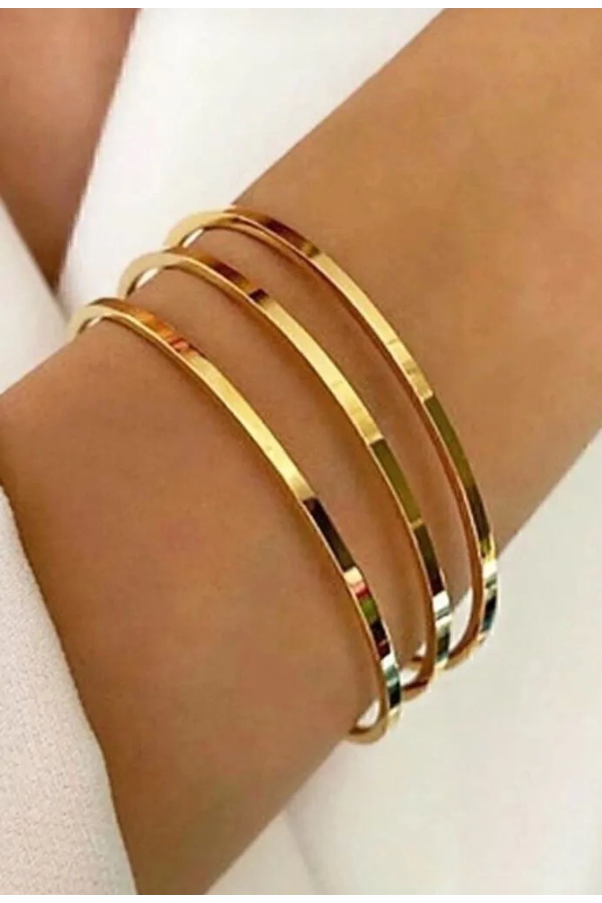 HND collection Gold Renk Üçlü Tasarımlı Çelik Kelepçe Bileklik Minimal & Şık